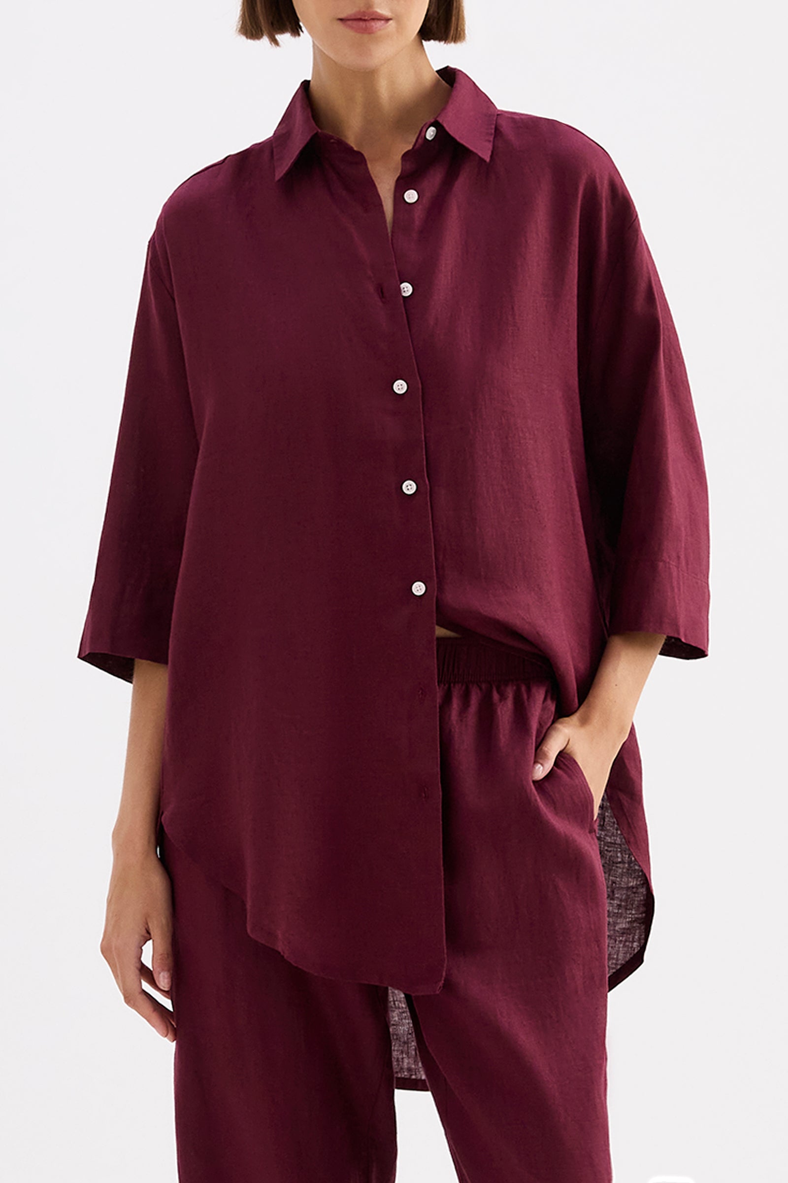 Lounge Linen Longline Shirt Merlot 
