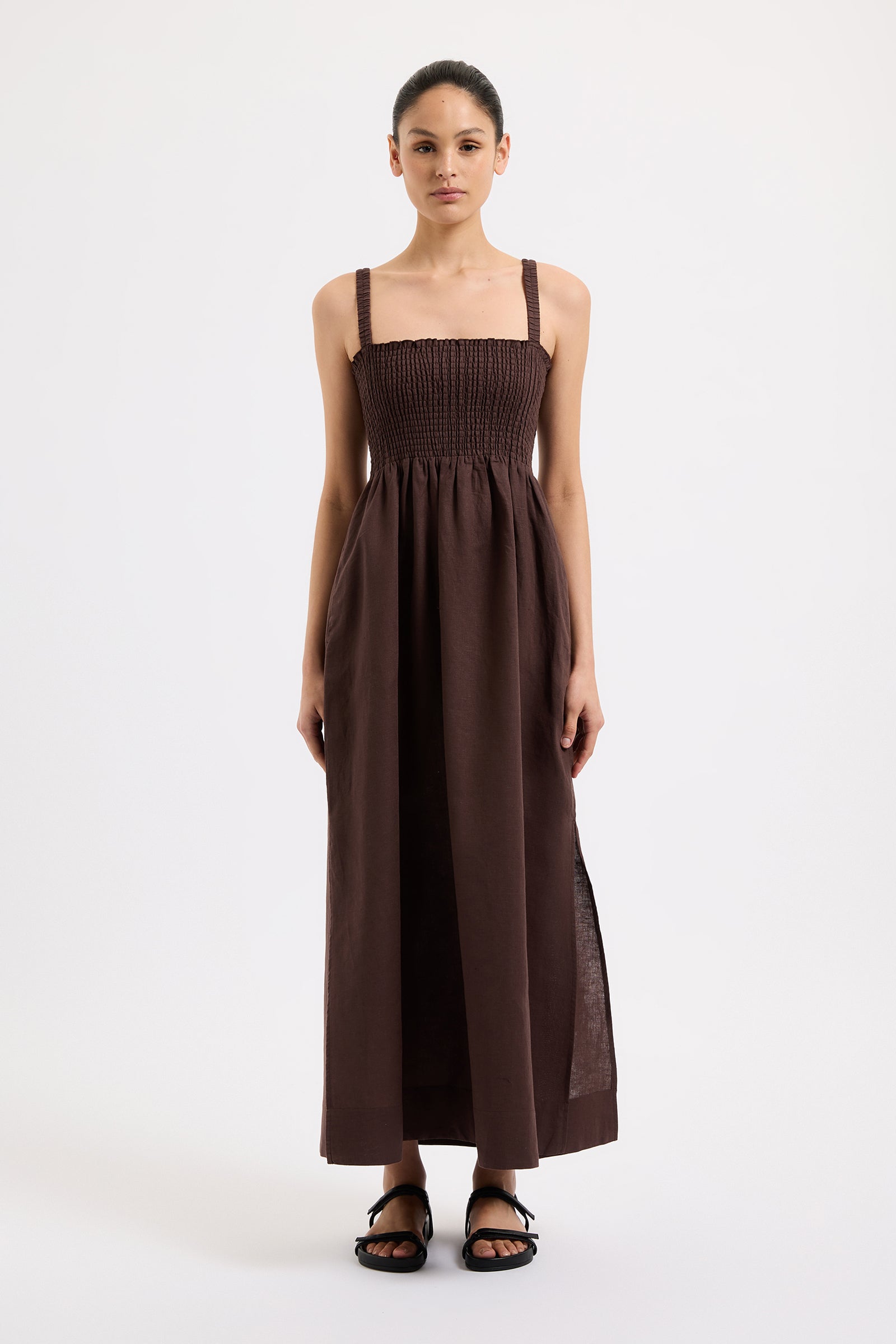 Shop Rynn Linen Maxi Dress in Espresso