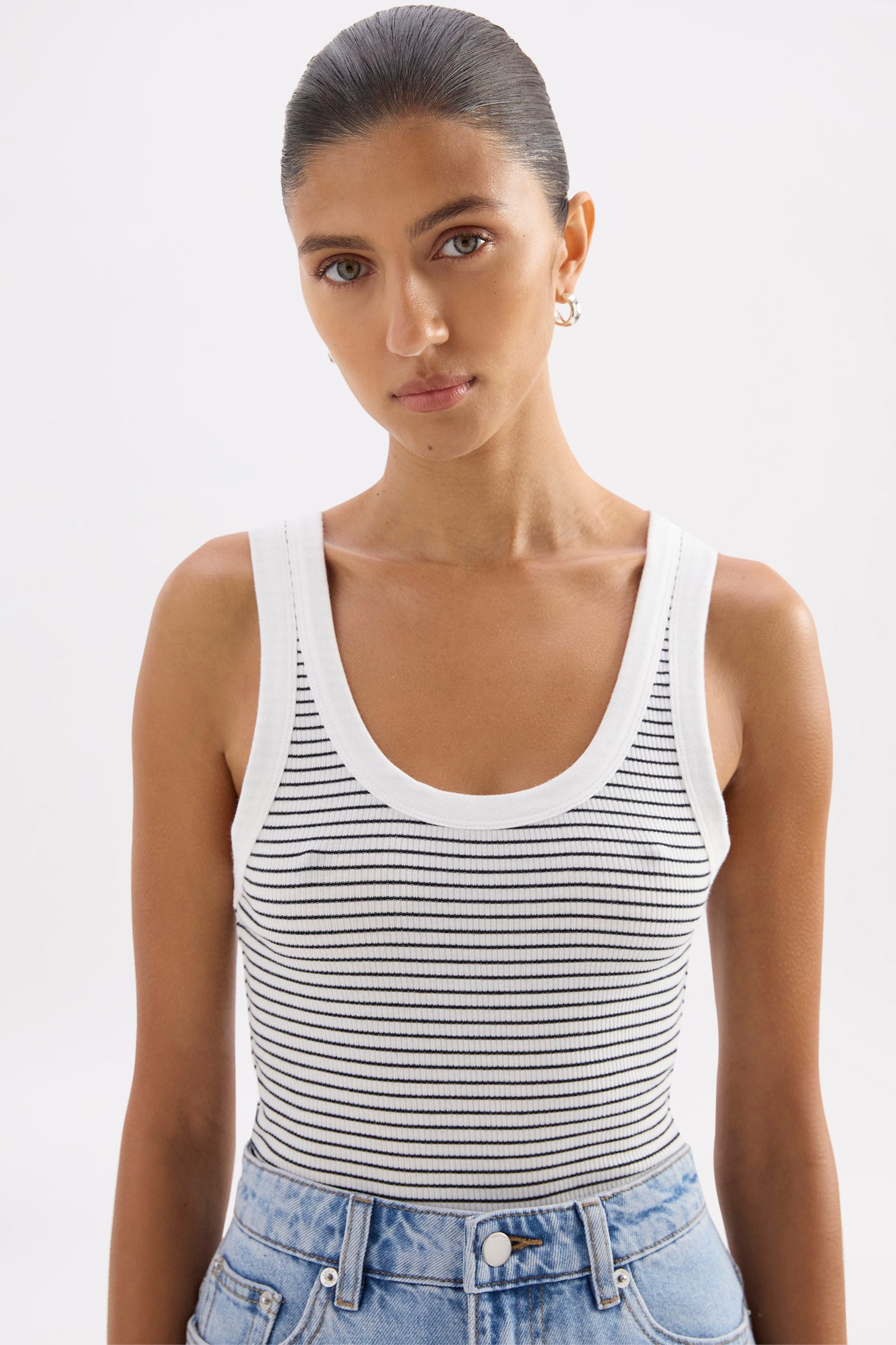 Organic Stripe Rib Singlet Black Stripe 