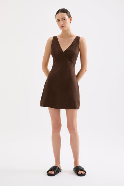 Blair Linen Mini Dress Chocolate 
