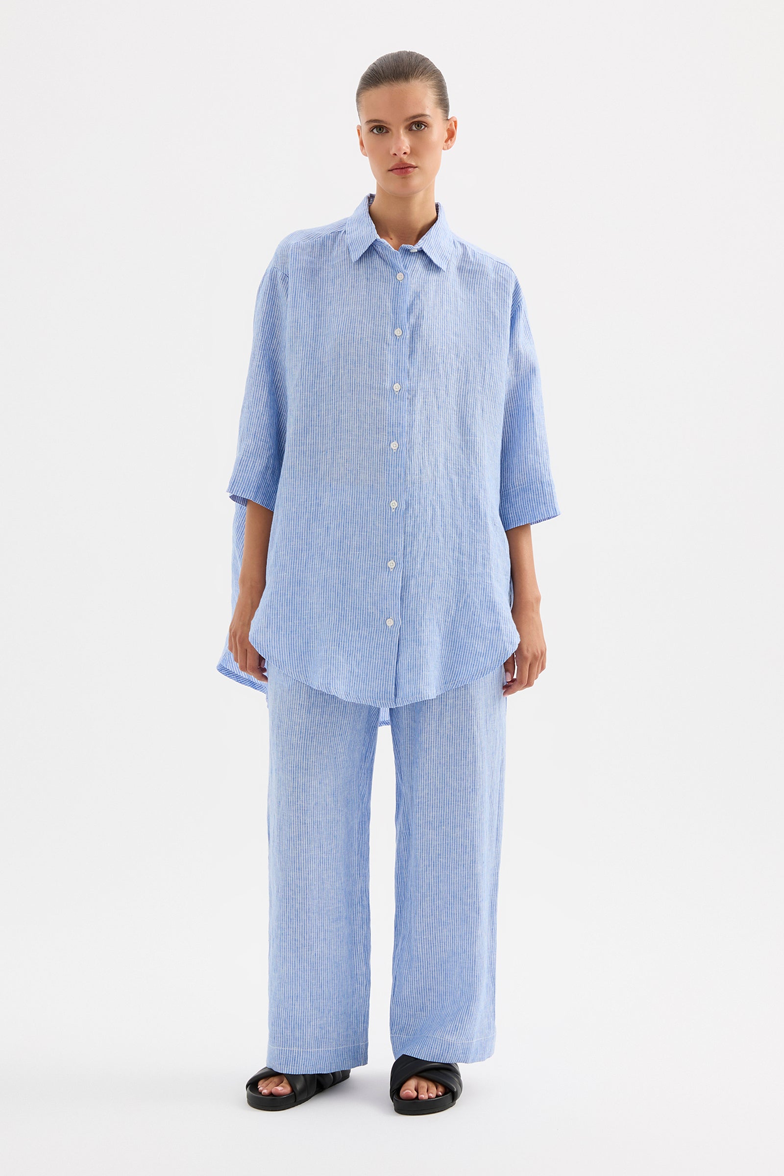Lounge Stripe Crop Linen Pant Blue Stripe 