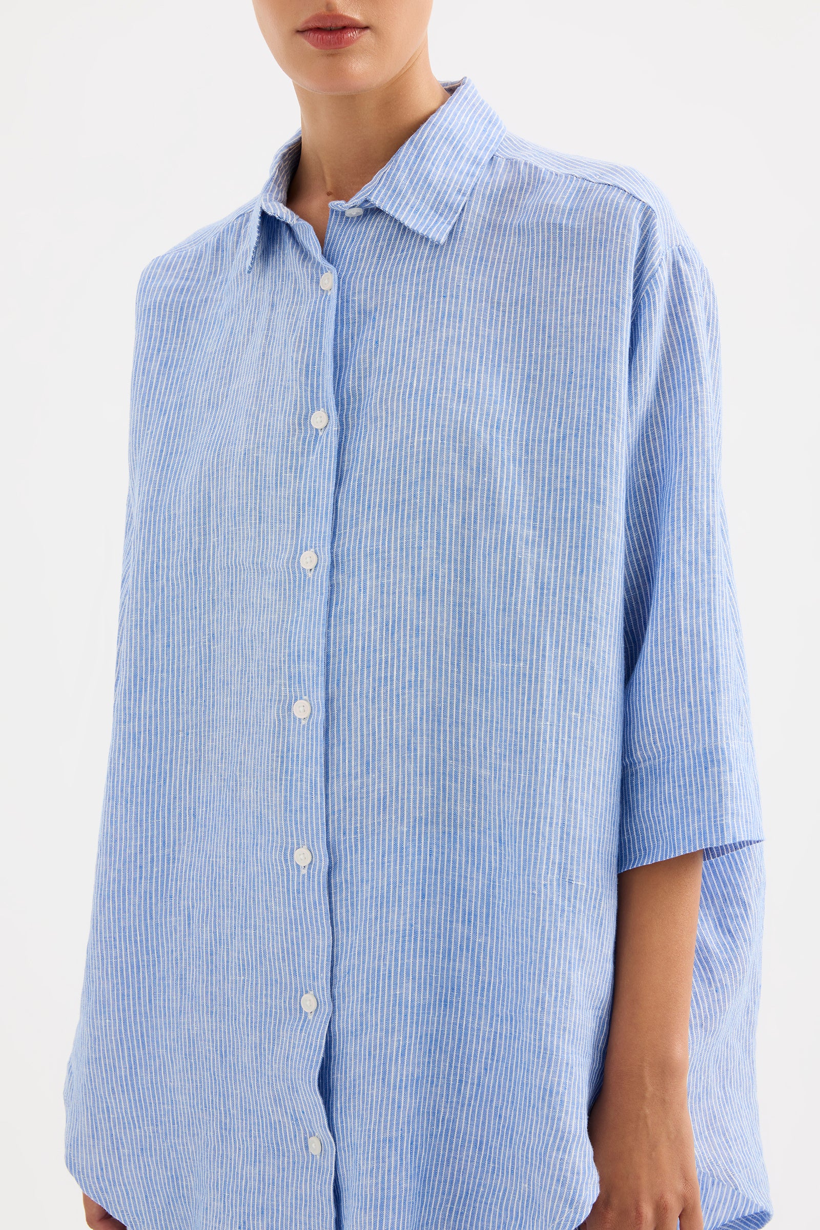 Lounge Stripe Linen Long Shirt Blue Stripe 
