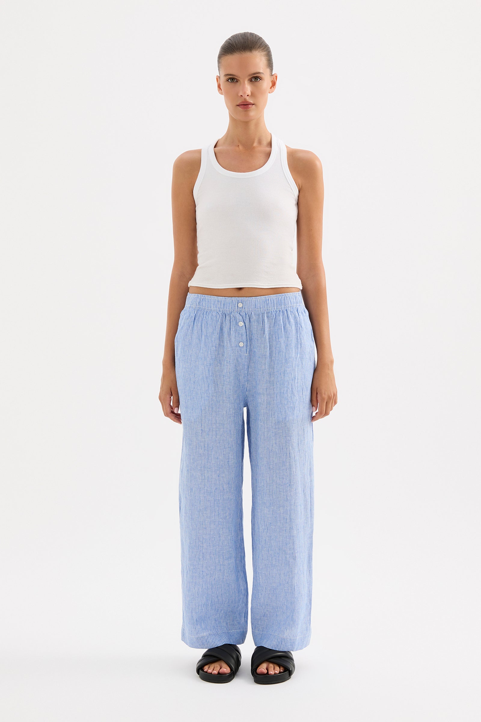 Lounge Stripe Crop Linen Pant Blue Stripe 