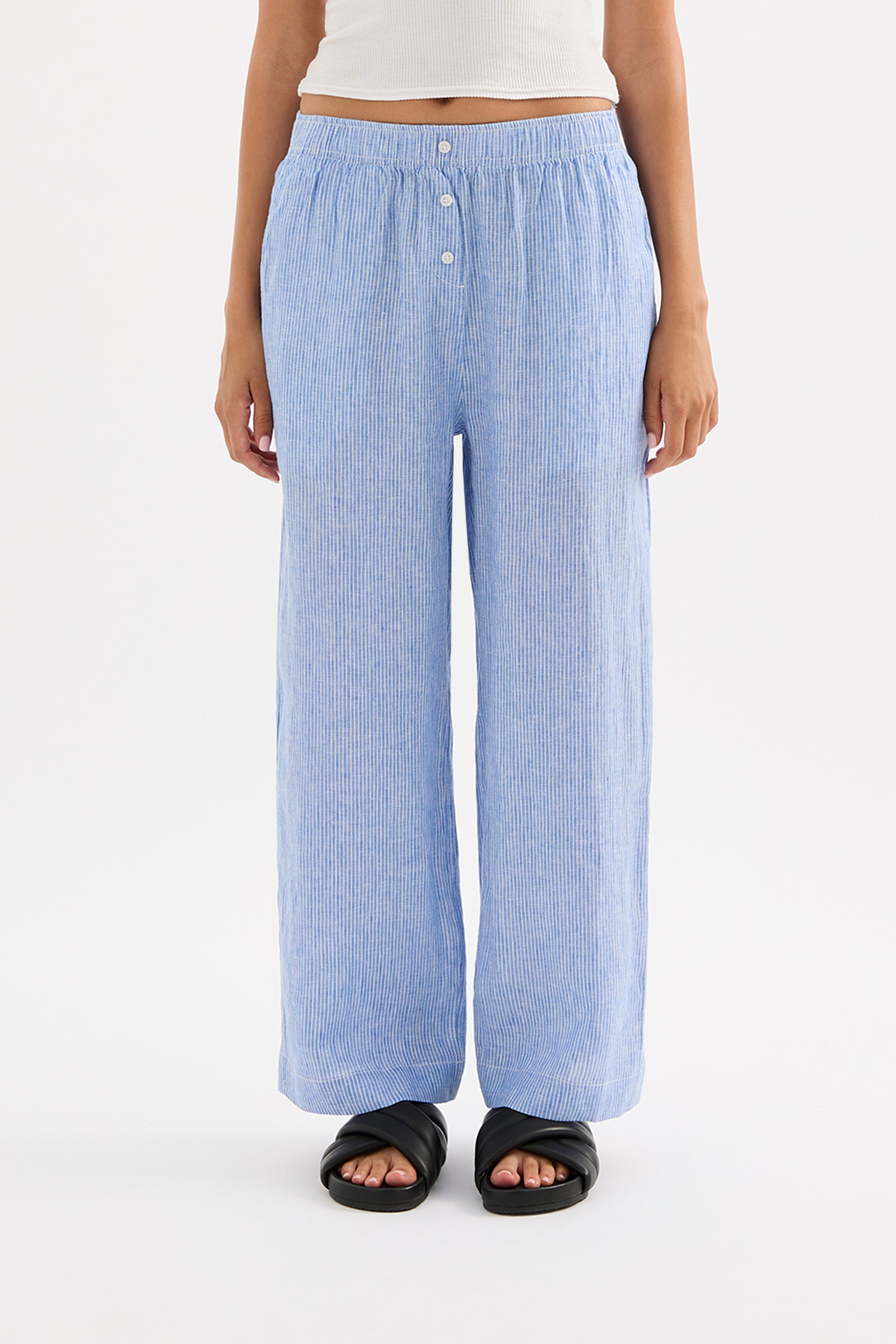 Lounge Stripe Crop Linen Pant Blue Stripe 