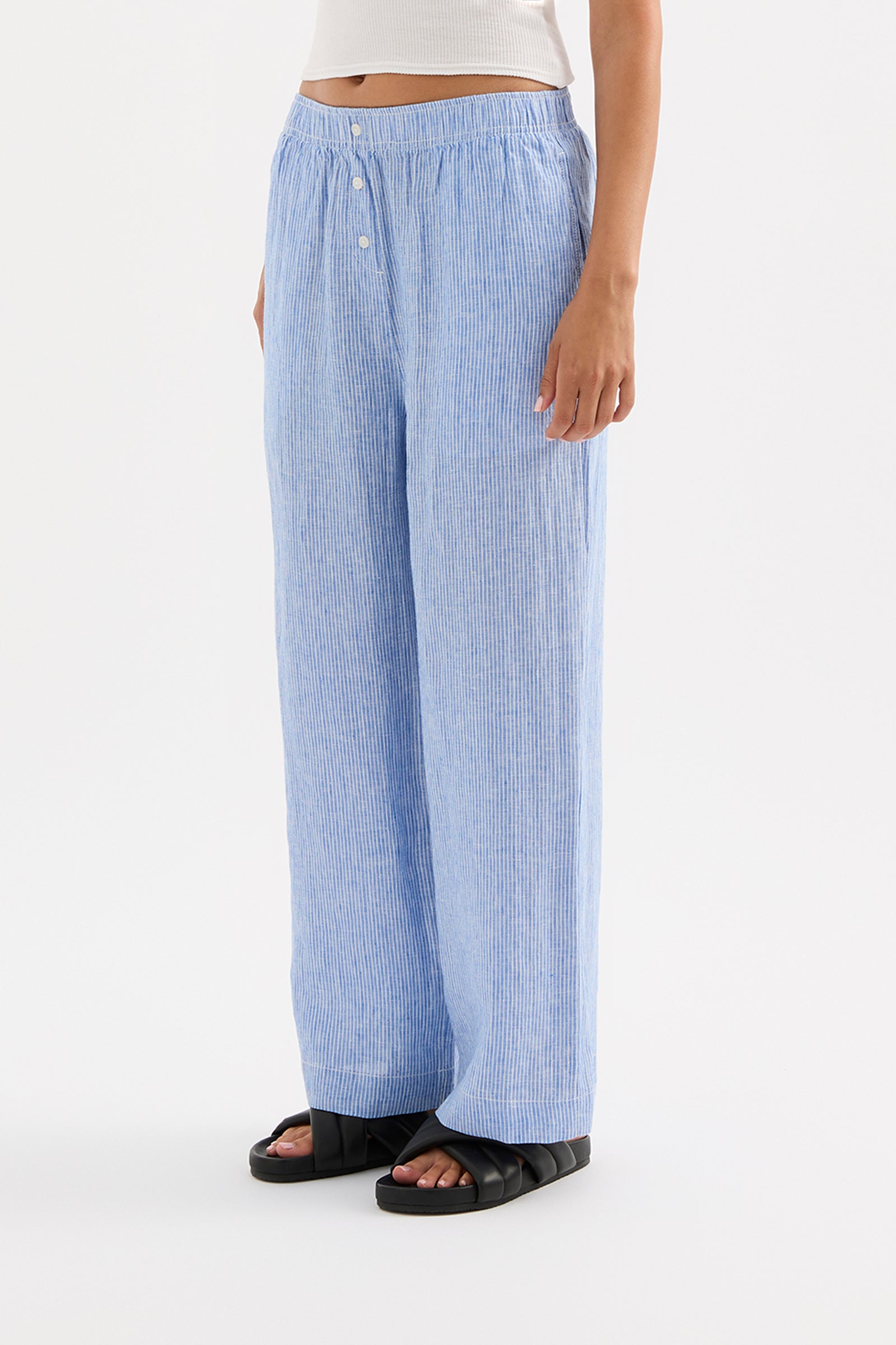 Lounge Stripe Crop Linen Pant Blue Stripe 