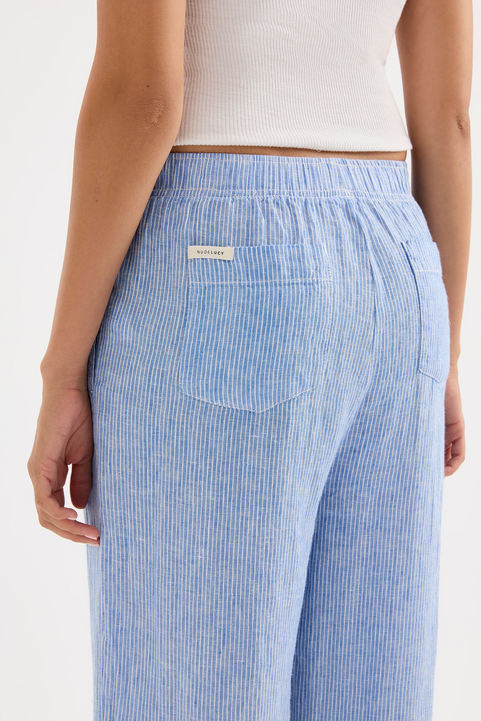 Lounge Stripe Crop Linen Pant Blue Stripe 