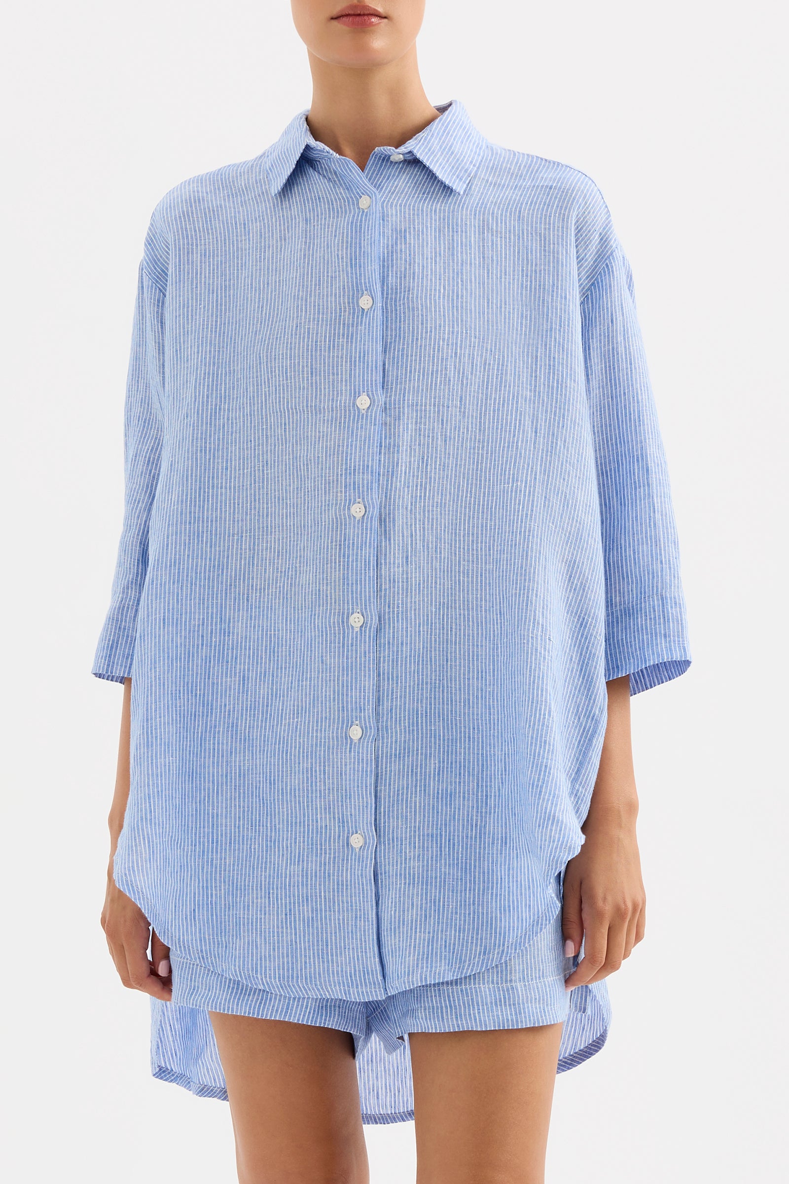 Lounge Stripe Linen Long Shirt Blue Stripe 