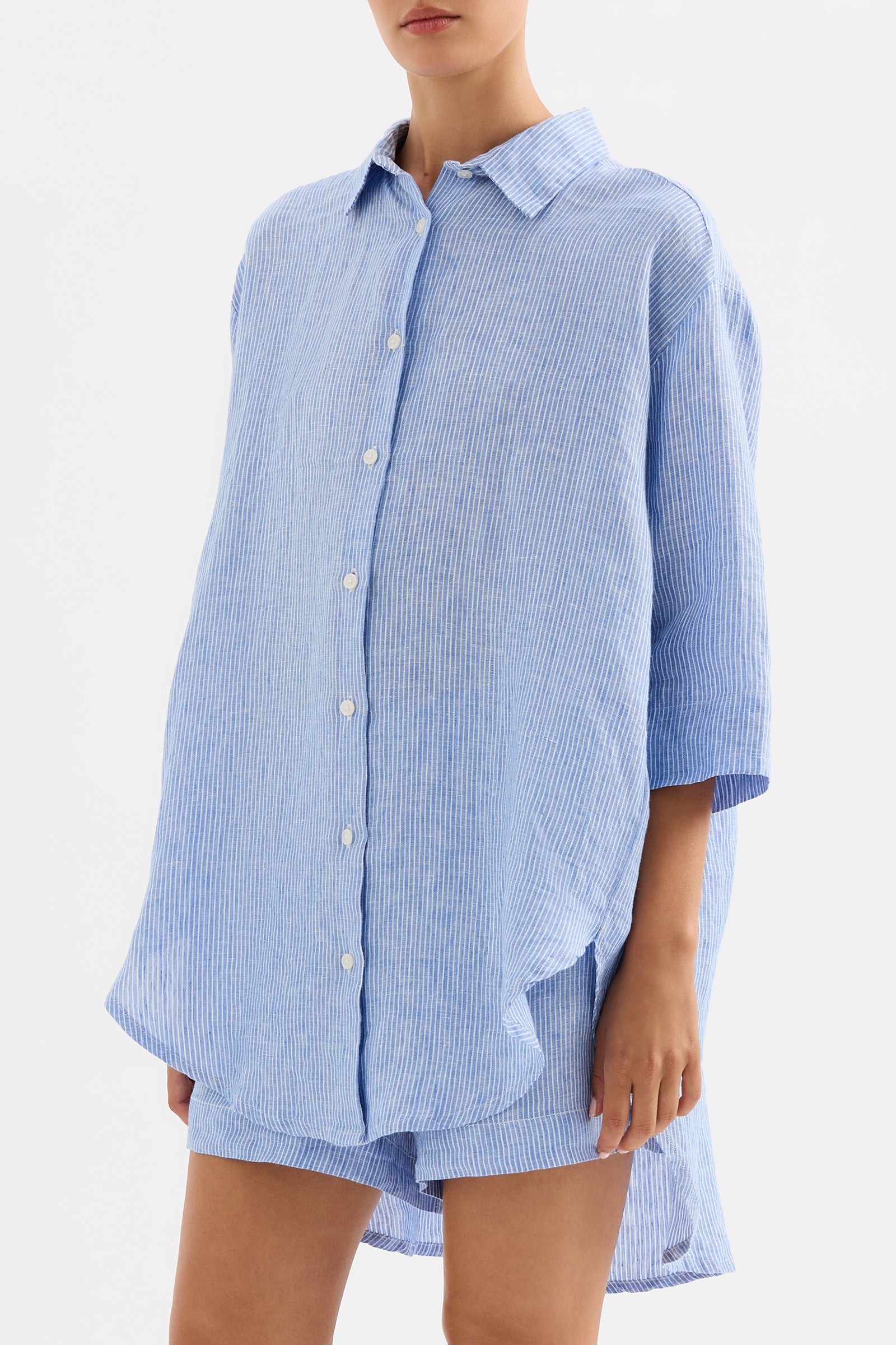 Lounge Stripe Linen Long Shirt Blue Stripe 