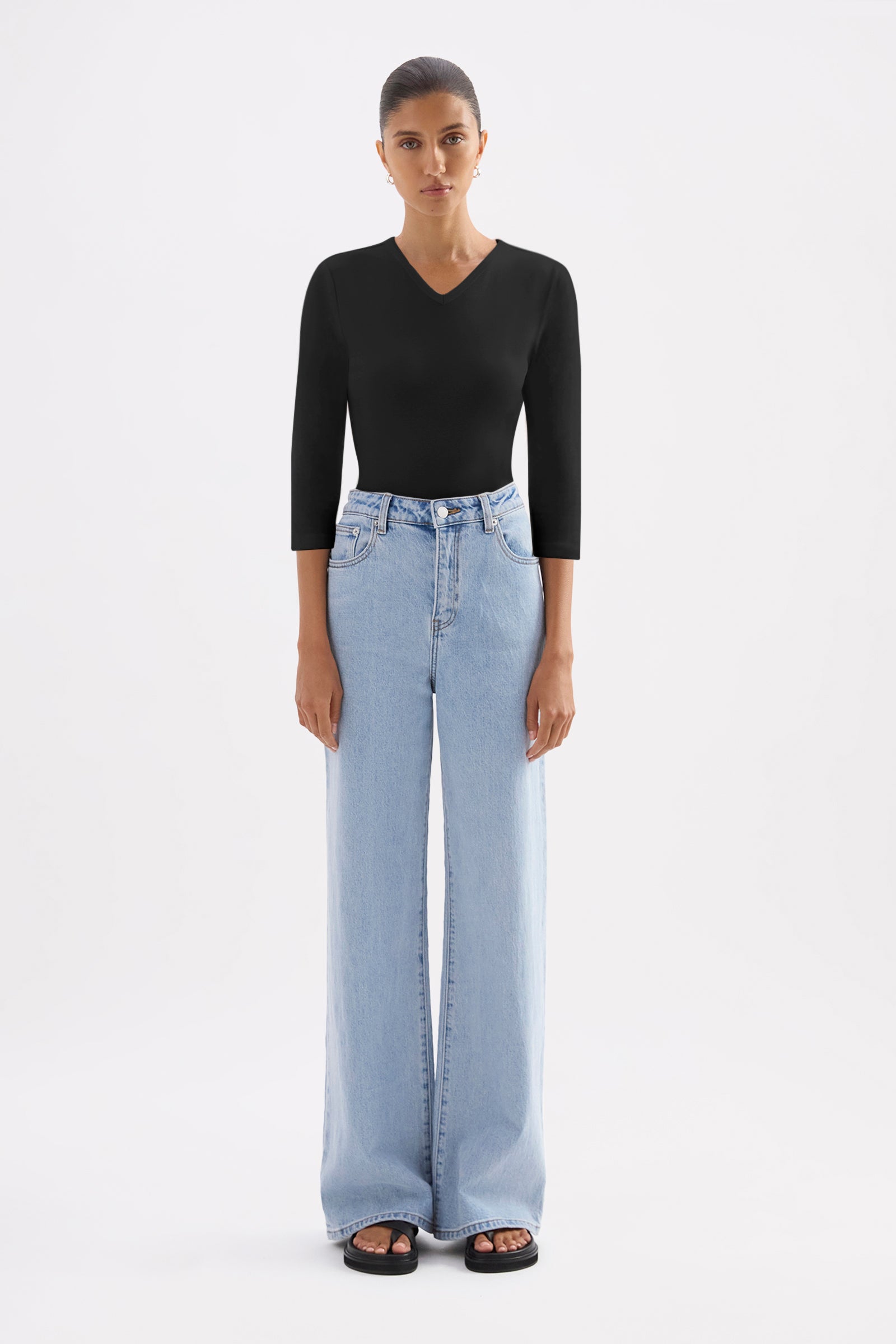 V Neck Baby 3/4 Top Black 