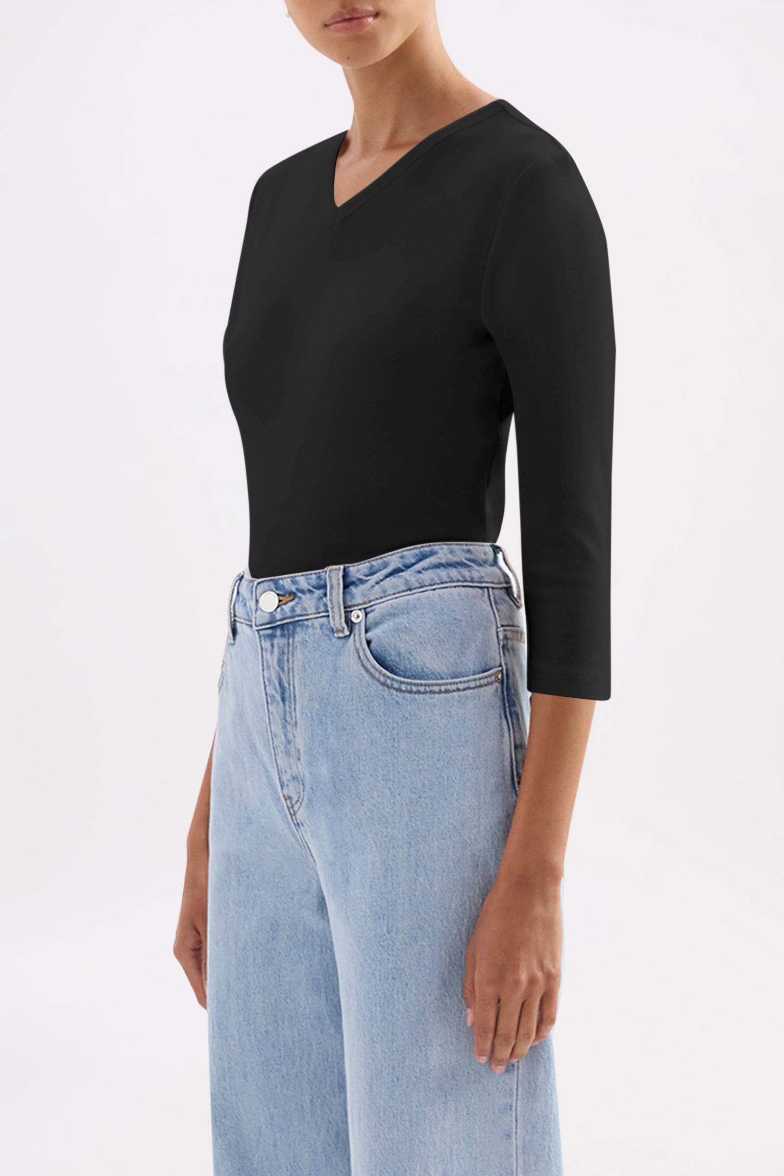 V Neck Baby 3/4 Top Black 