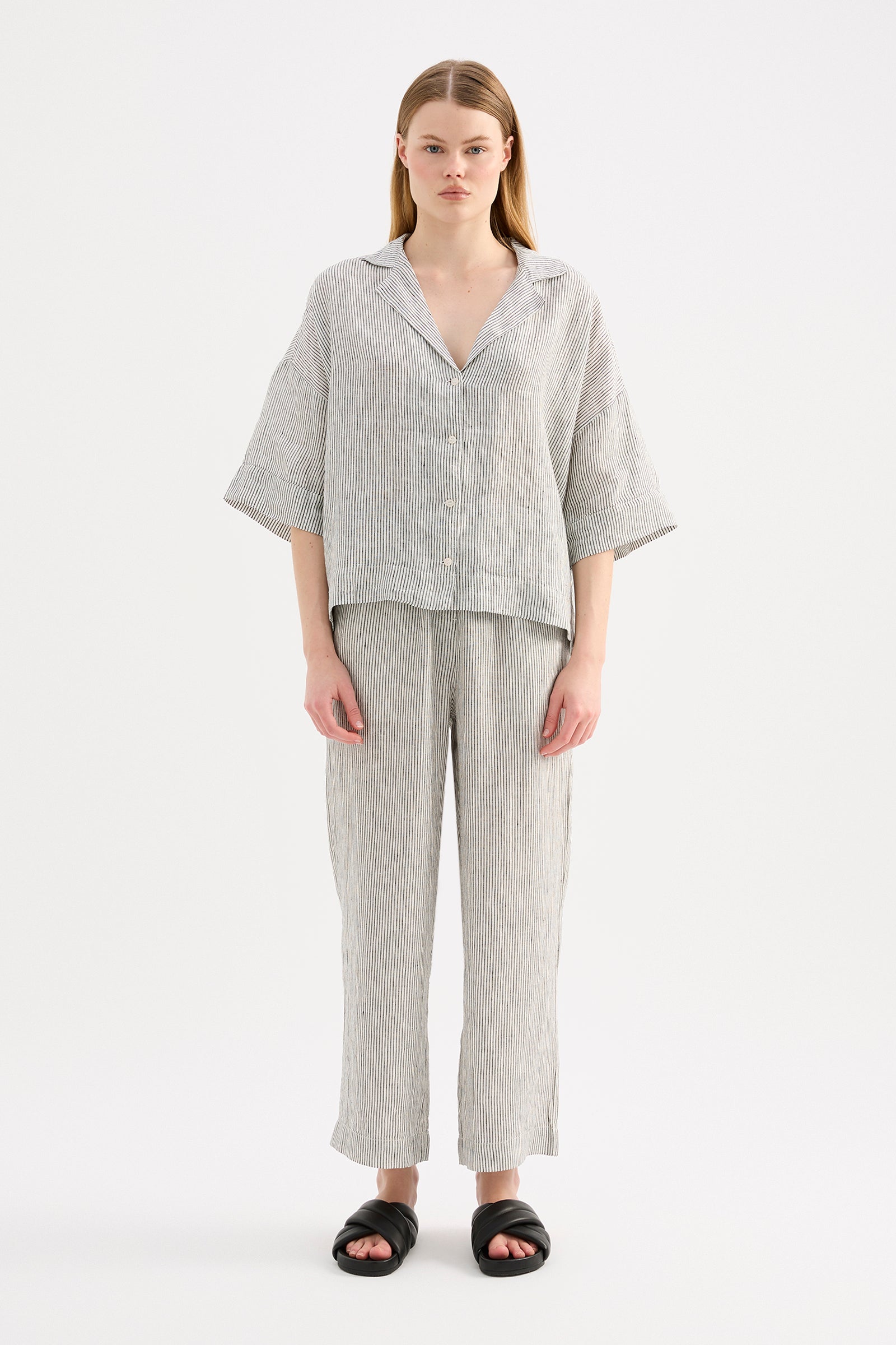 Lounge Stripe Linen Shirt & Crop Pant Set 