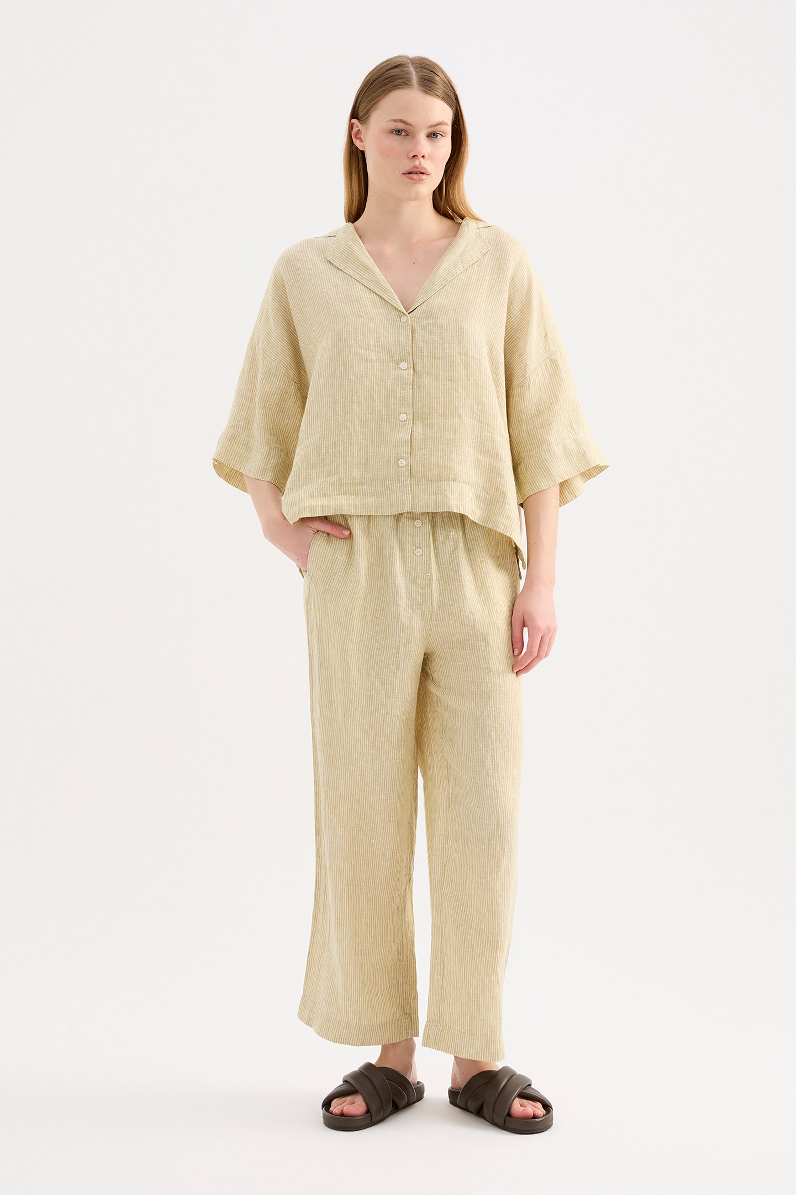 Lounge Stripe Linen Crop Pant Moss Stripe 