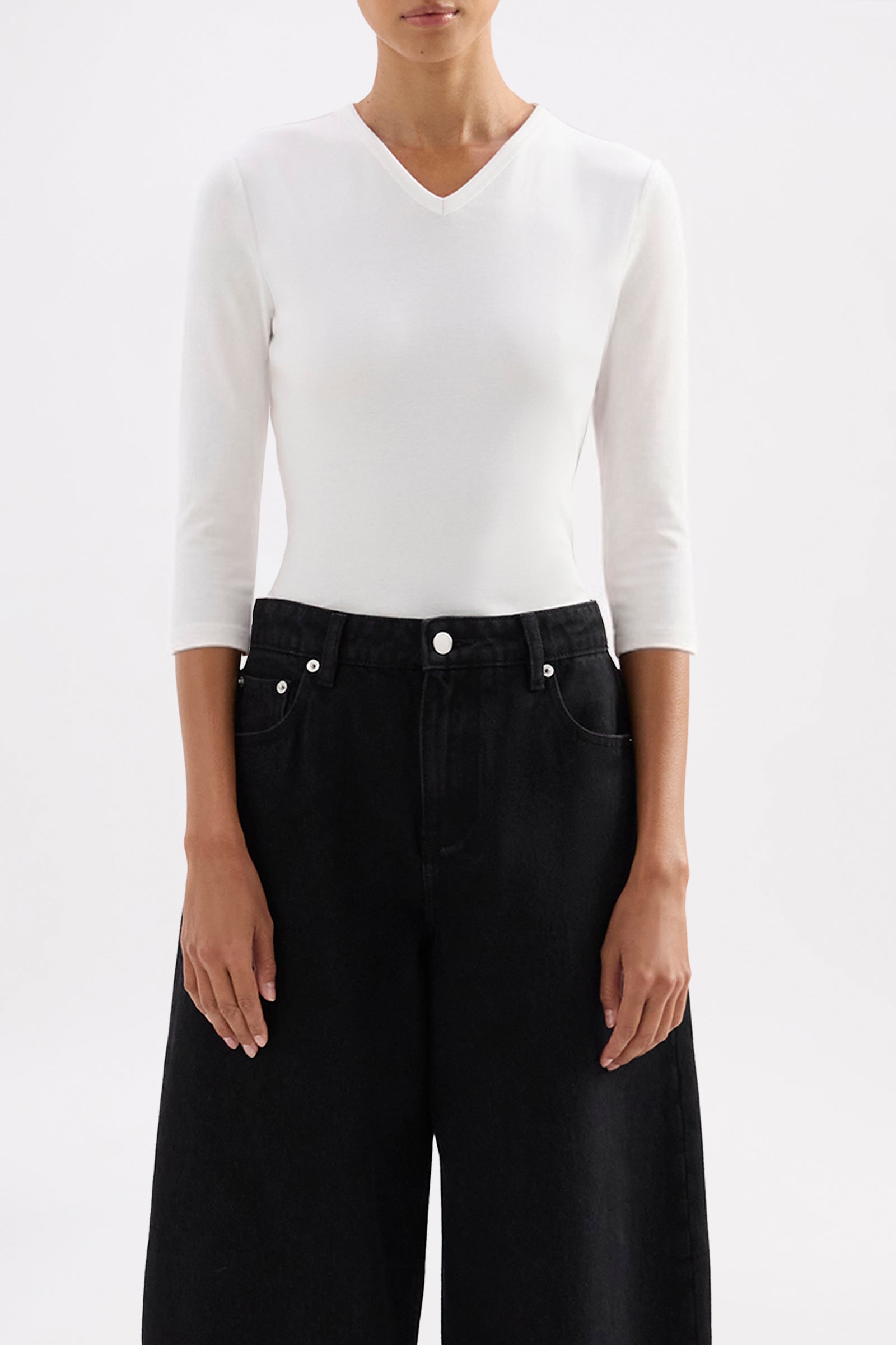 V Neck Baby 3/4 Top White 