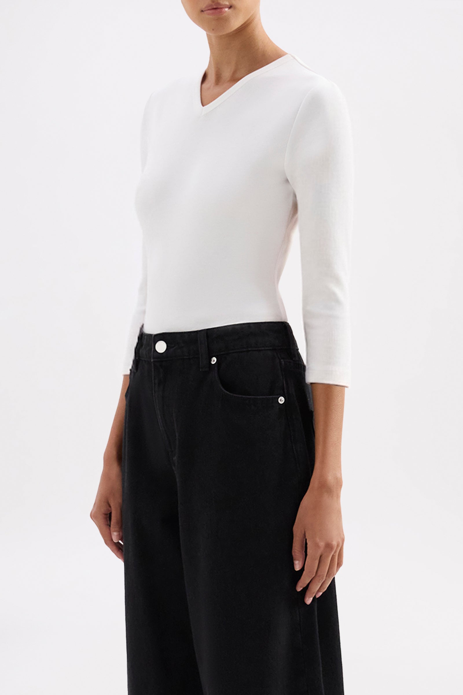 V Neck Baby 3/4 Top White 