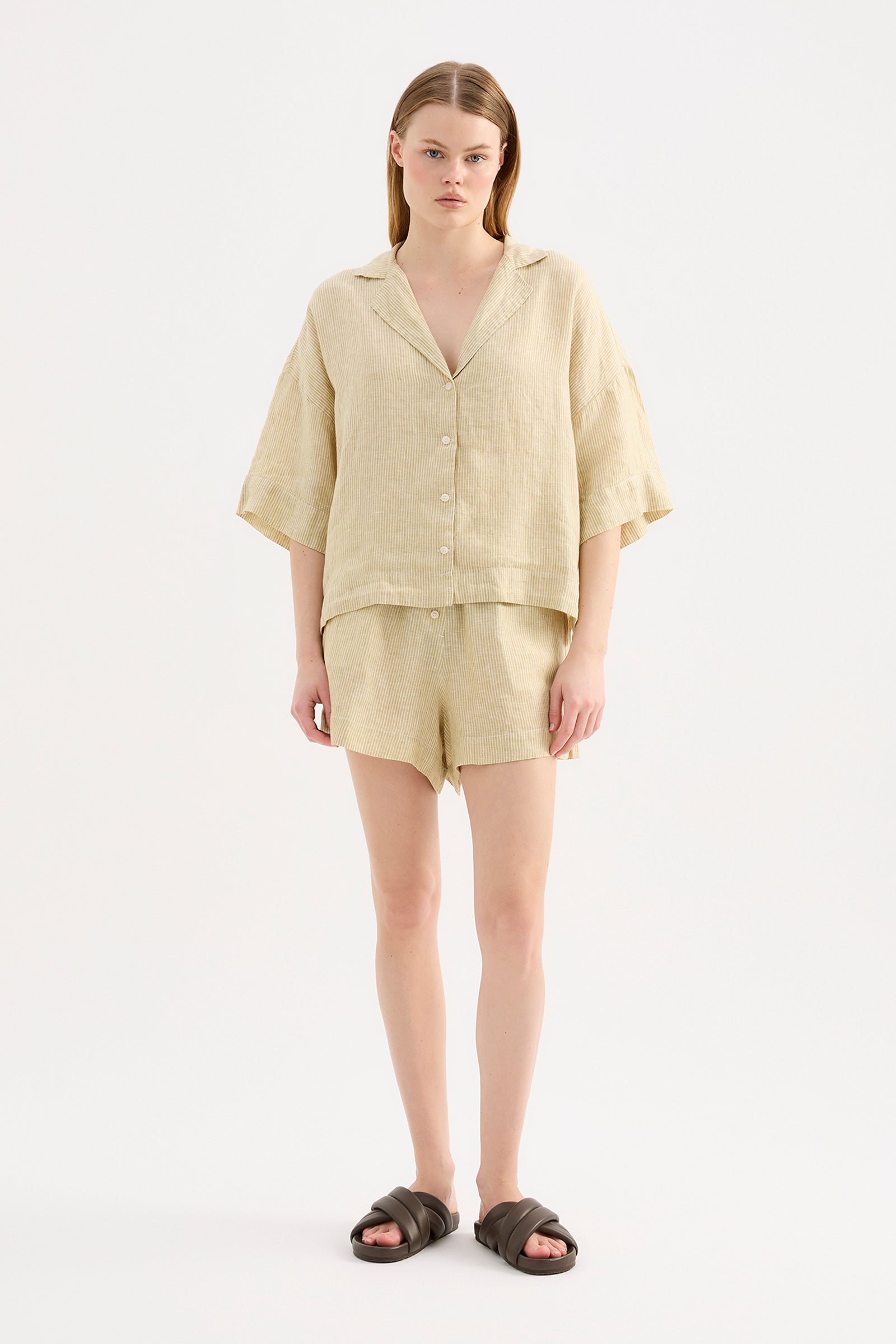 Lounge Stripe Linen Short Moss Stripe 