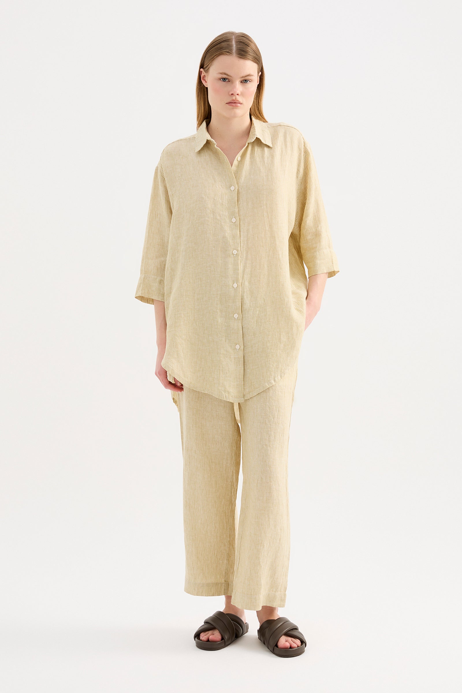 Lounge Stripe Linen Longline Shirt & Crop Pant Set 