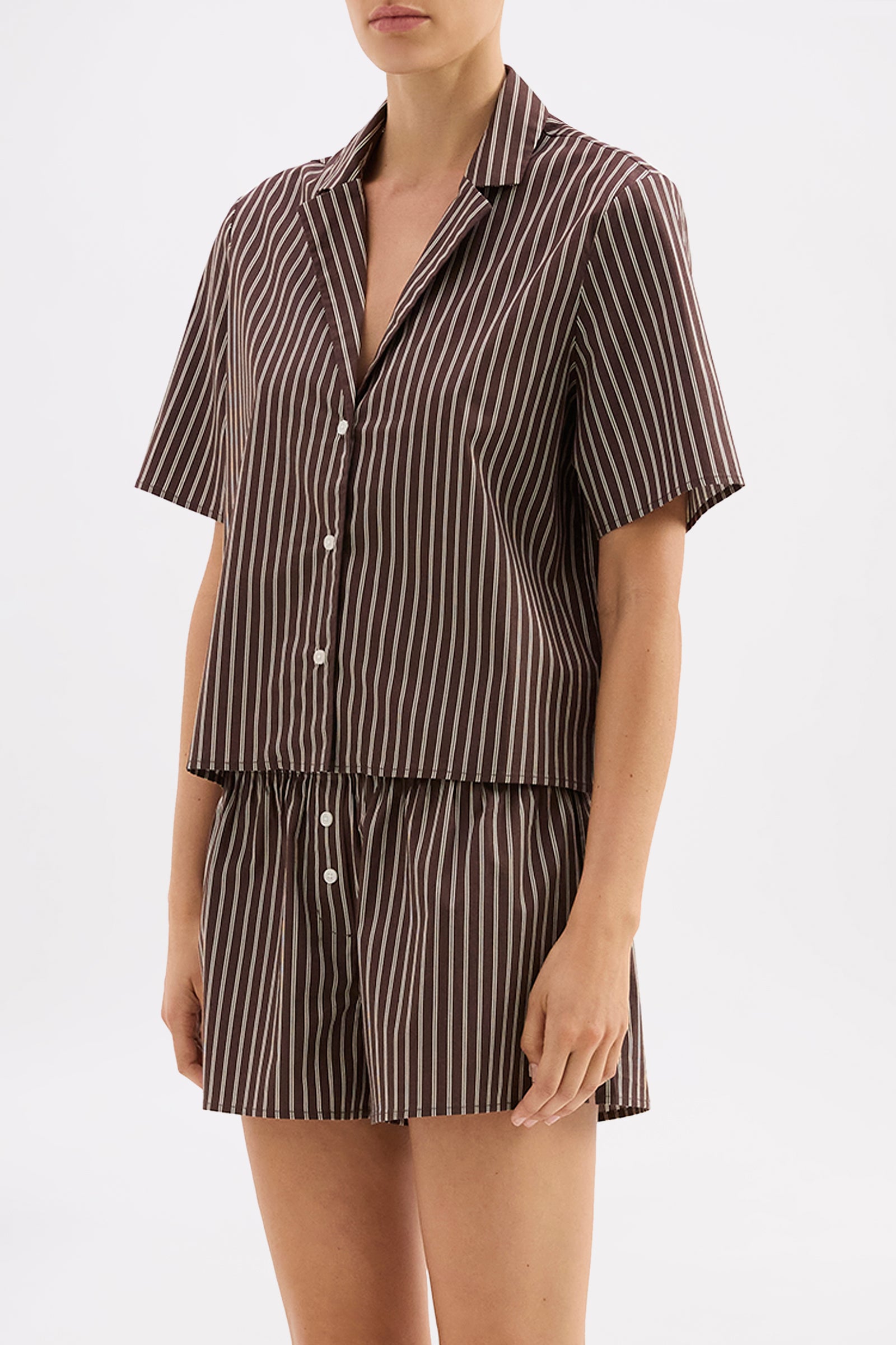 Organic Poplin Lounge Shirt Chocolate Stripe 