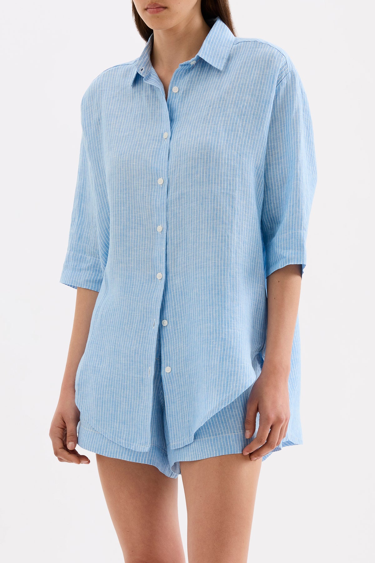 Lounge Stripe Linen Longline Shirt Cove Stripe 