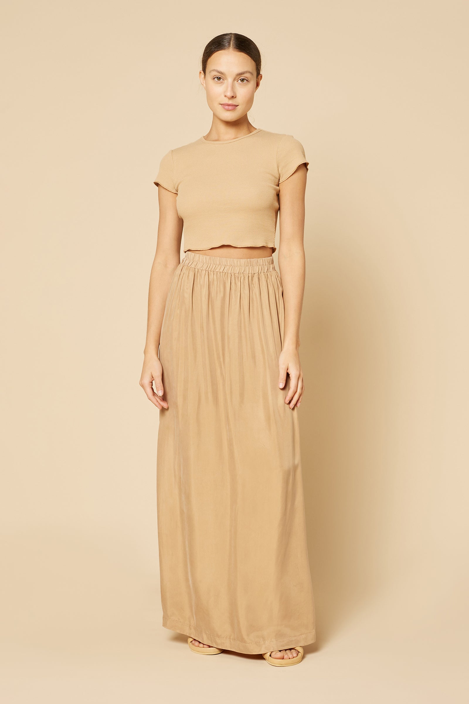Nude Lucy Gia Cupro Maxi Skirt In A Light Brown Caramel Colour 