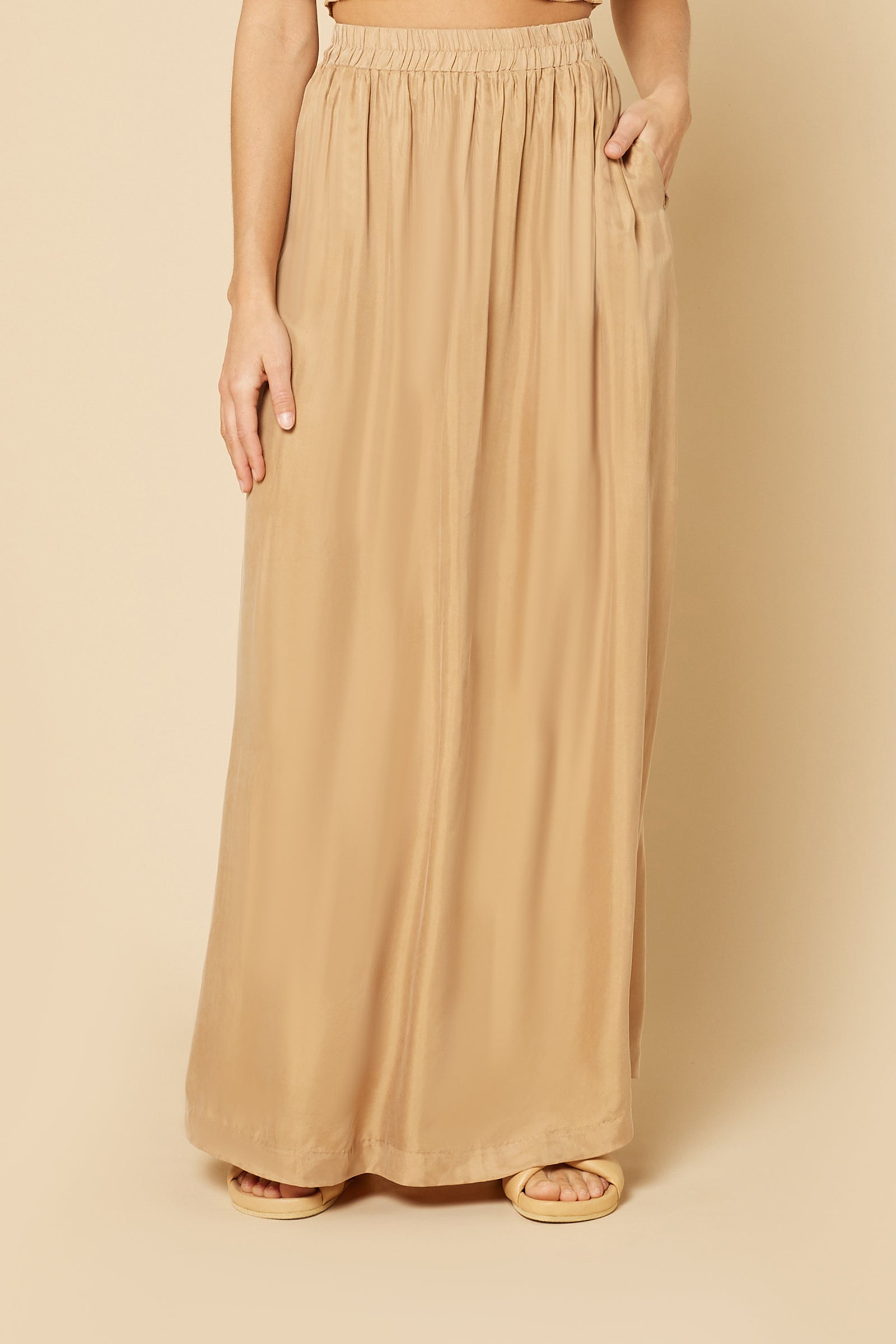 Nude Lucy Gia Cupro Maxi Skirt In A Light Brown Caramel Colour 