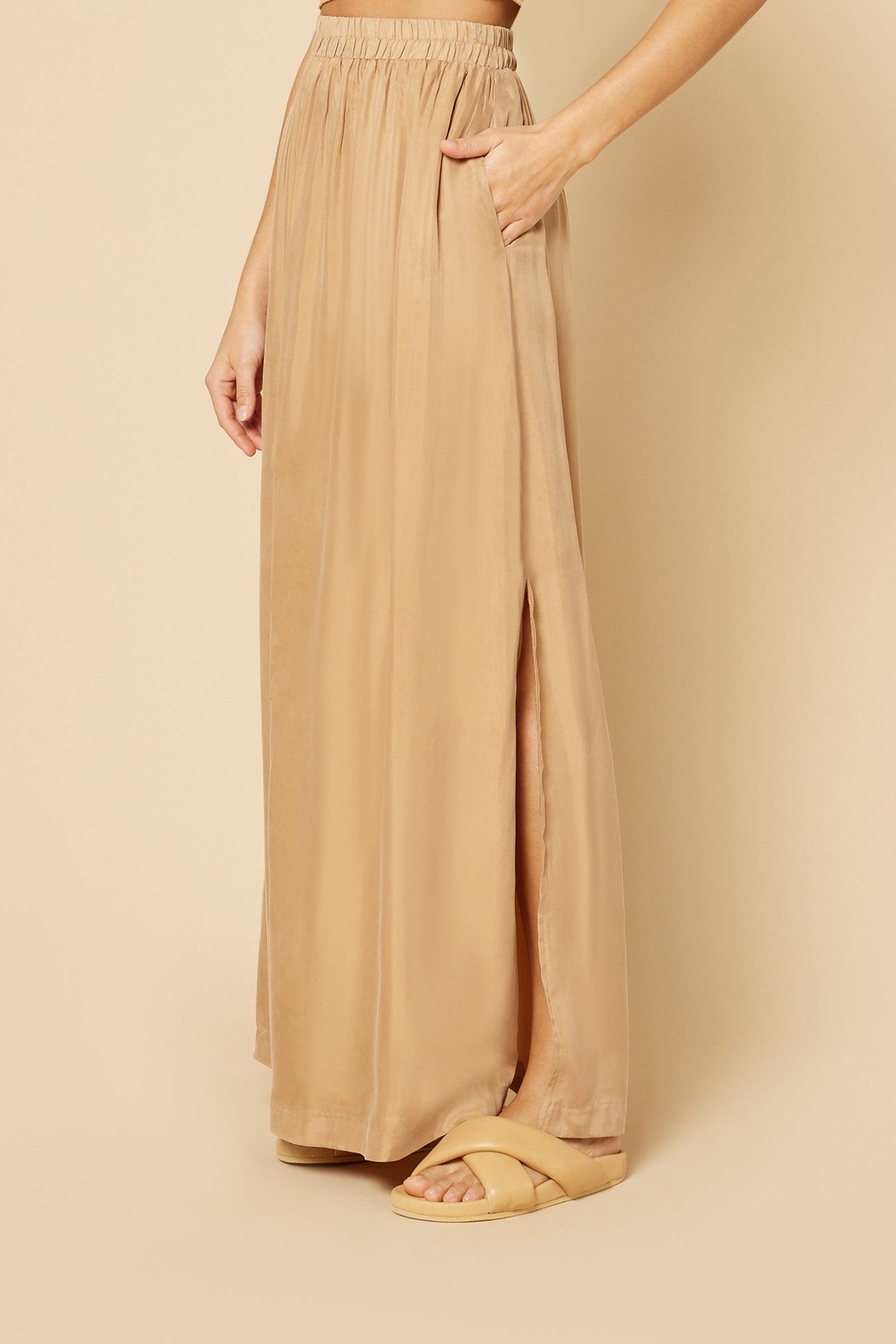 Nude Lucy Gia Cupro Maxi Skirt In A Light Brown Caramel Colour 