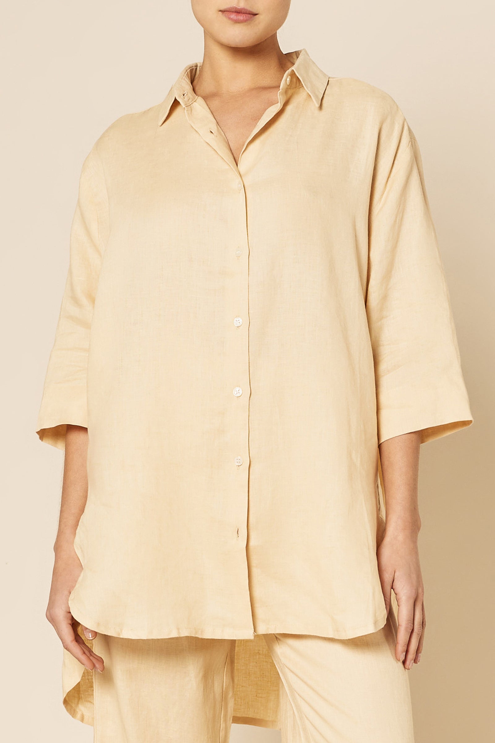 Nude Lucy Lounge Linen Longline Shirt In a Light Brown Butter Colour 