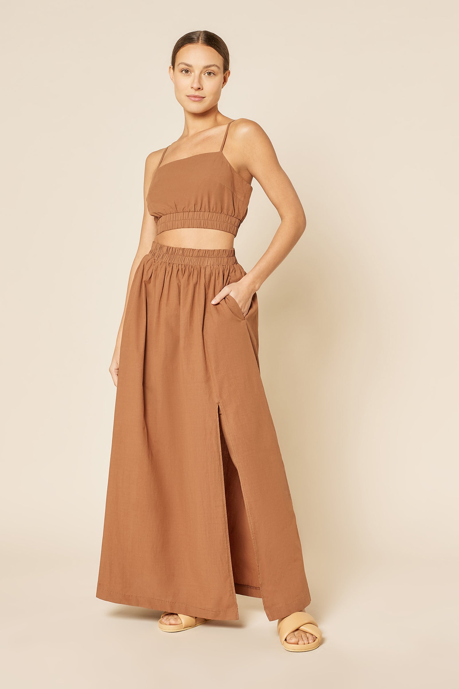 Nude Lucy Odessa Poplin Maxi Skirt in a Light Brown Henna Colour