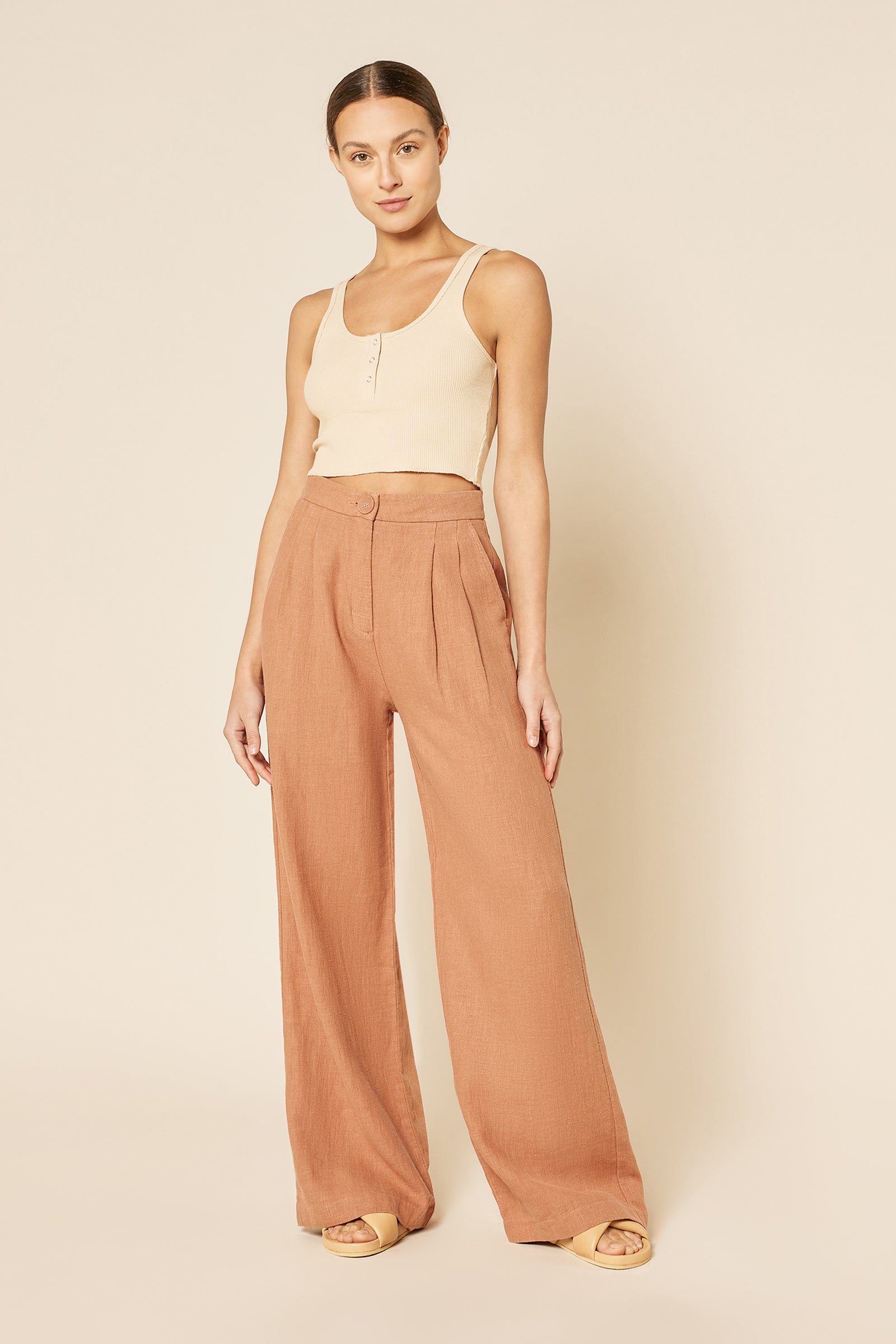 Nude Lucy Jade Button Front Waffle Tank In A Light Brown Butter Colour 