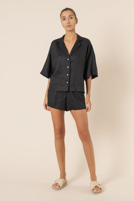 NUDE LINEN LOUNGE SHIRT-Black