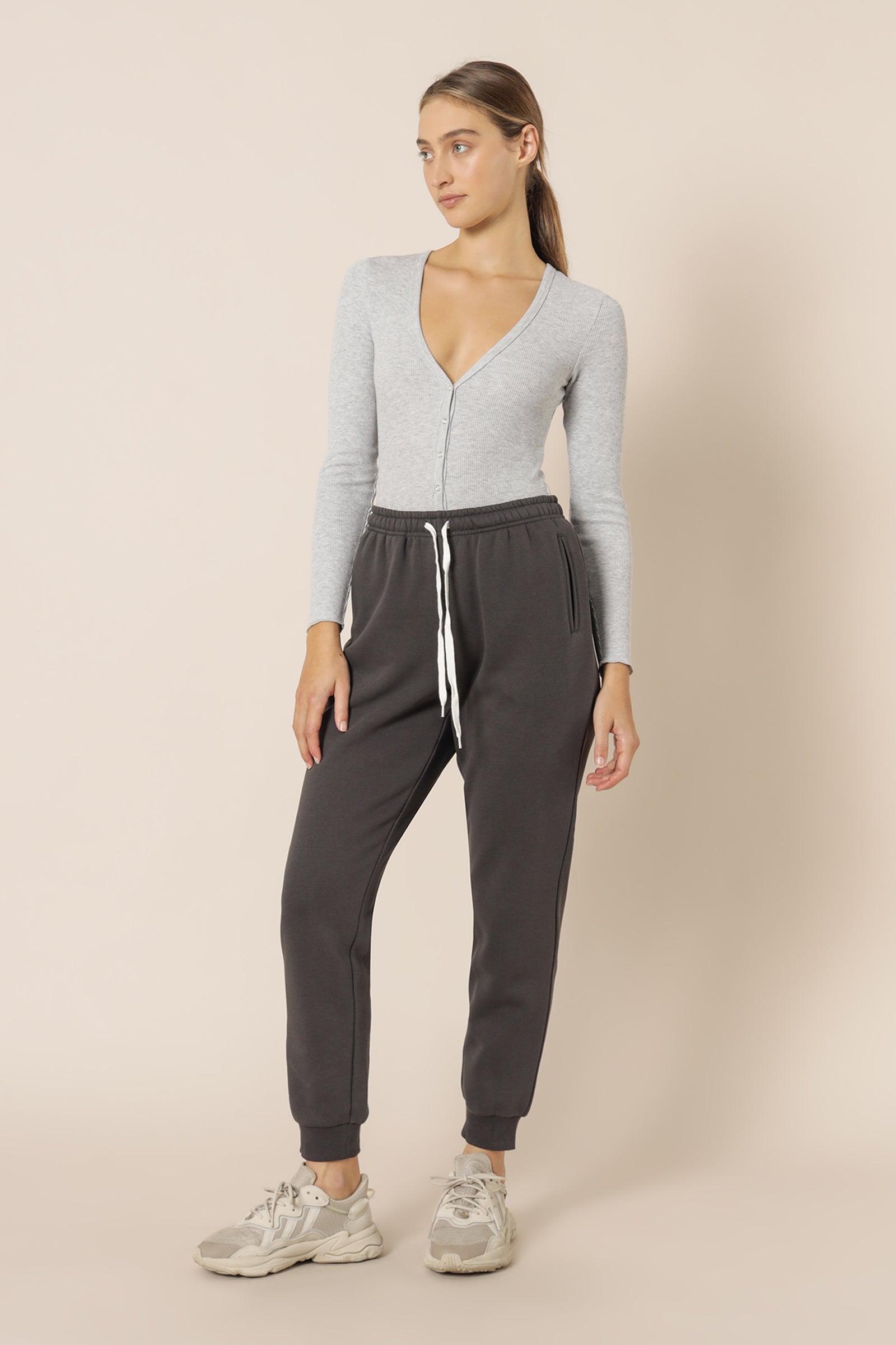 Nude Lucy Millie Long Sleeve Waffle Bodysuit Grey Marle Top 
