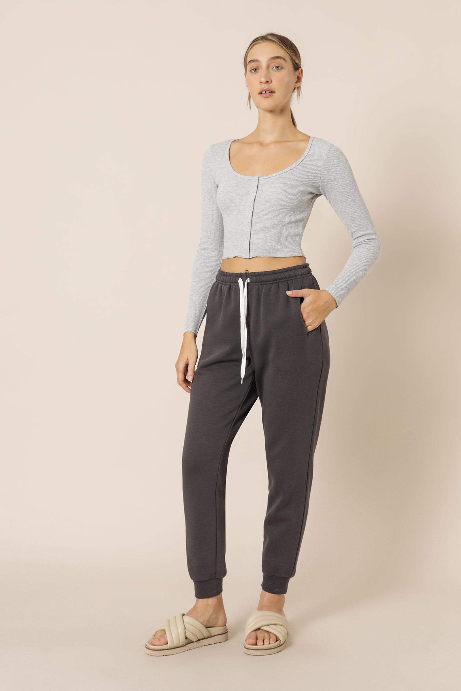 Nude Lucy Kaia Waffle Long Sleeve Tee Grey Marle Top 