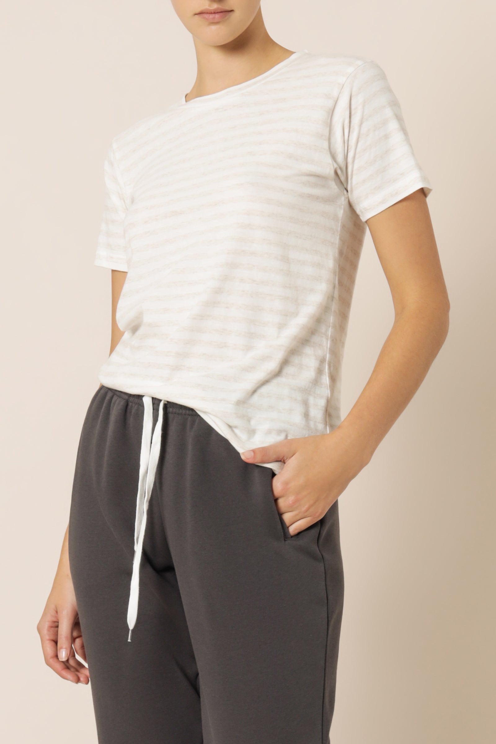 Nude Lucy Harper Basic Crew Neck Tee Cream Stripe Top 