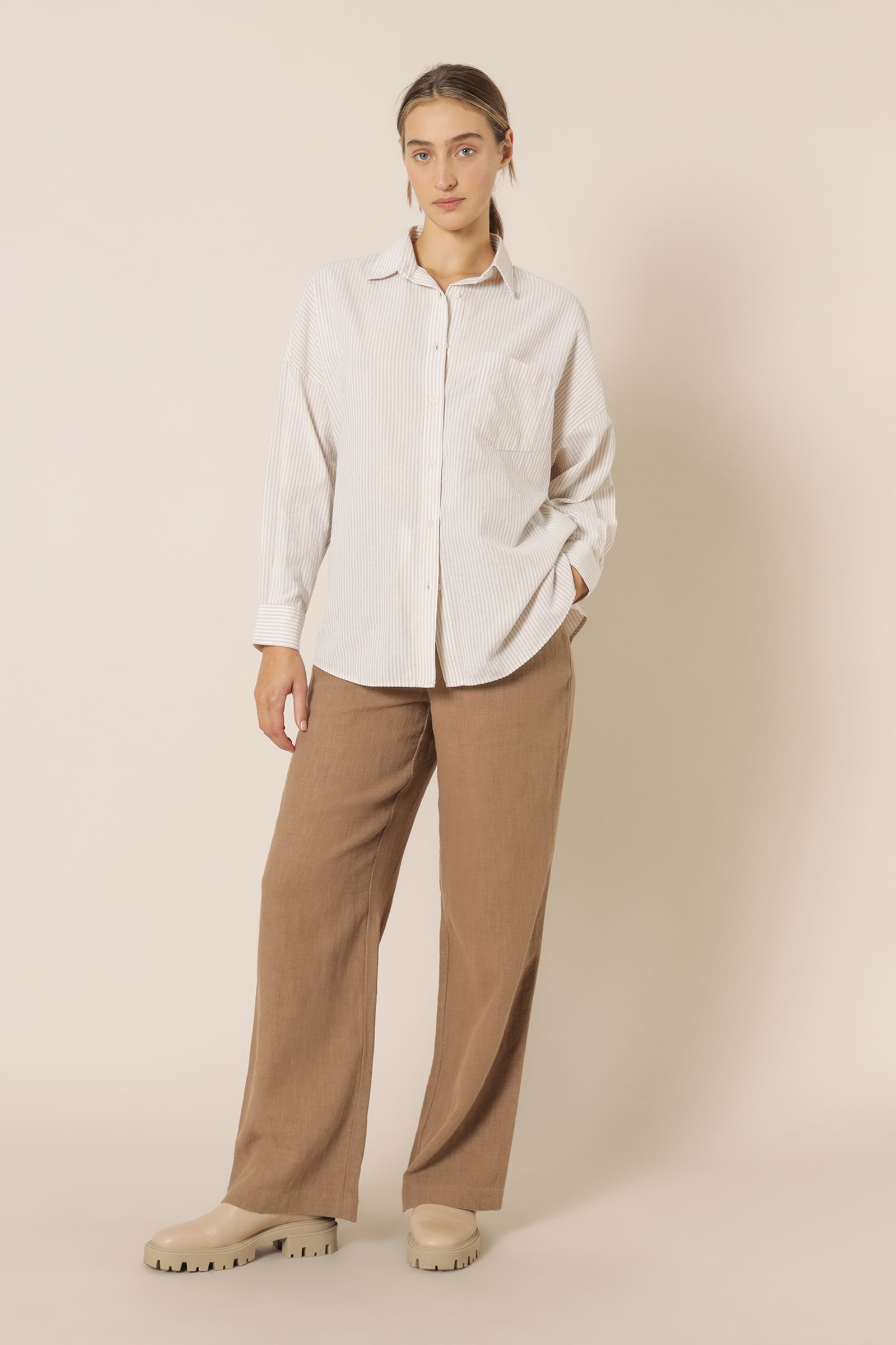Nude Lucy Ellis Stripe Long Sleeve Shirt Oat Stripe Shirt 