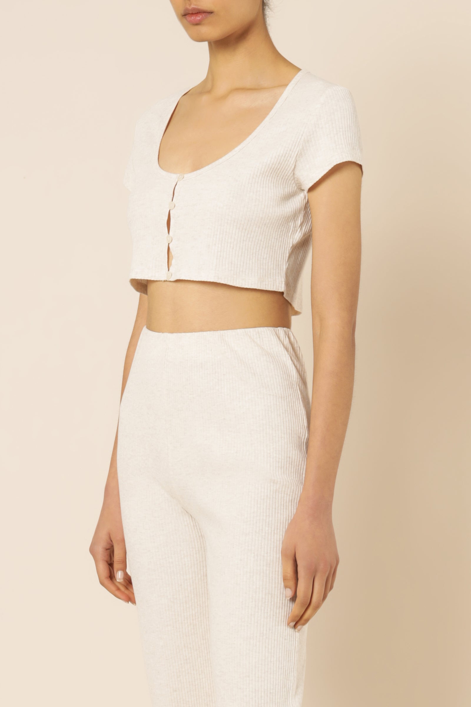 Nude Lucy Nude Ribbed Lounge Button Tee Cream Marle Top 