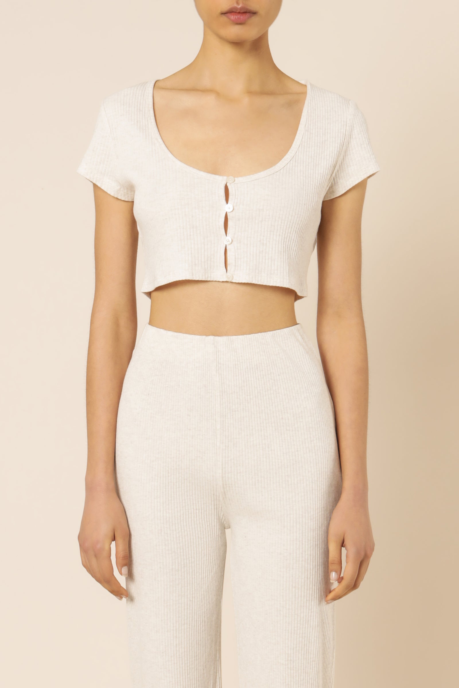 Nude Lucy Nude Ribbed Lounge Button Tee Cream Marle Top 