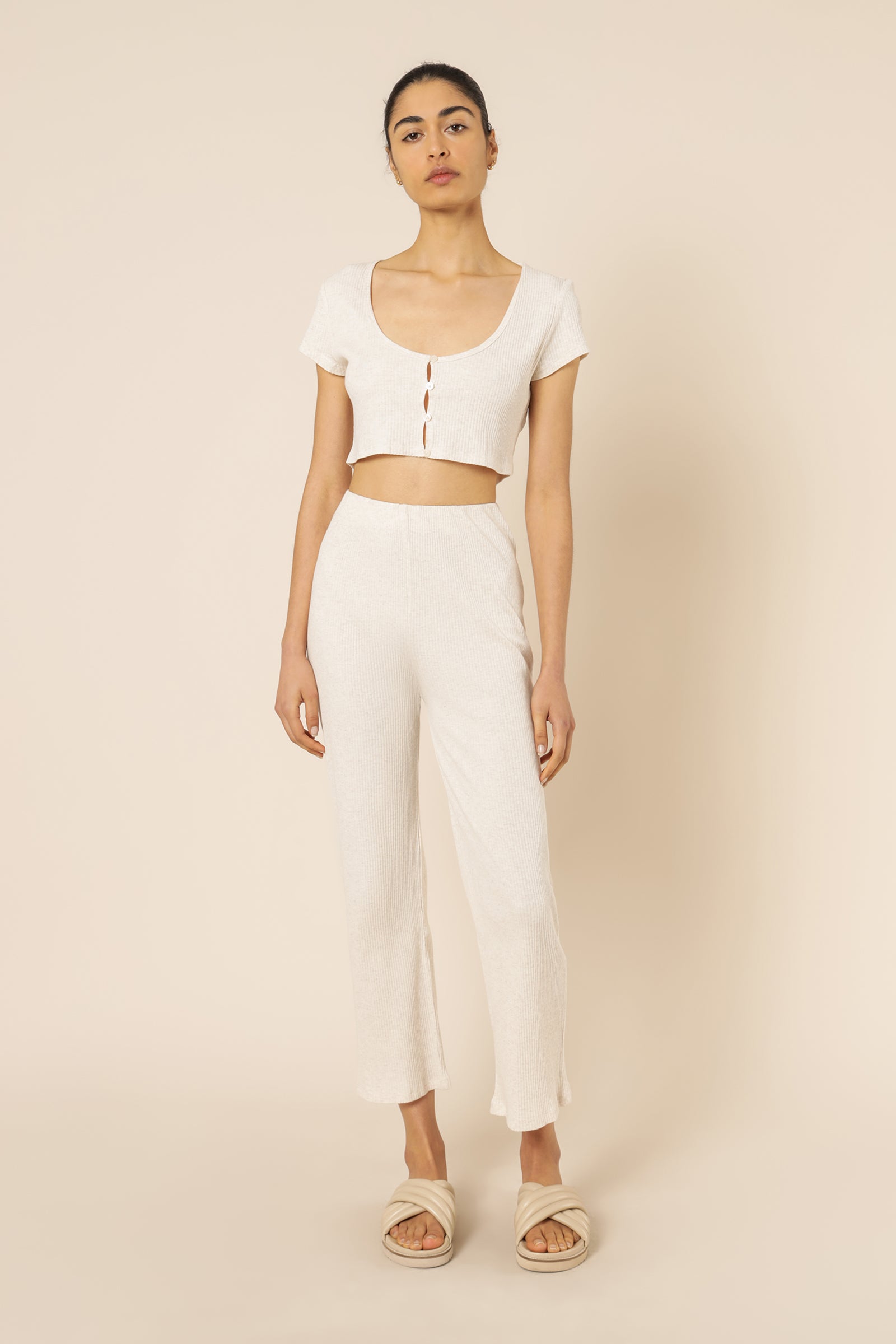 Nude Lucy Nude Ribbed Lounge Button Tee Cream Marle Top 