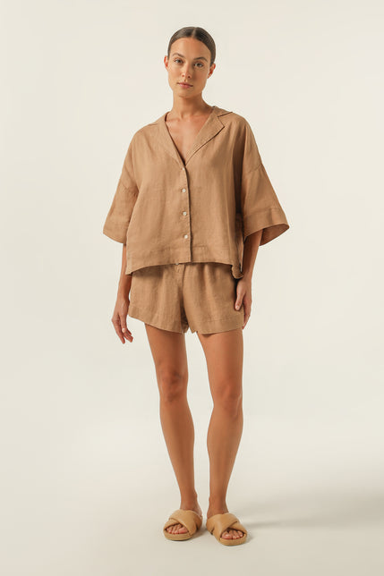 NUDE LINEN LOUNGE SHIRT-Coffee