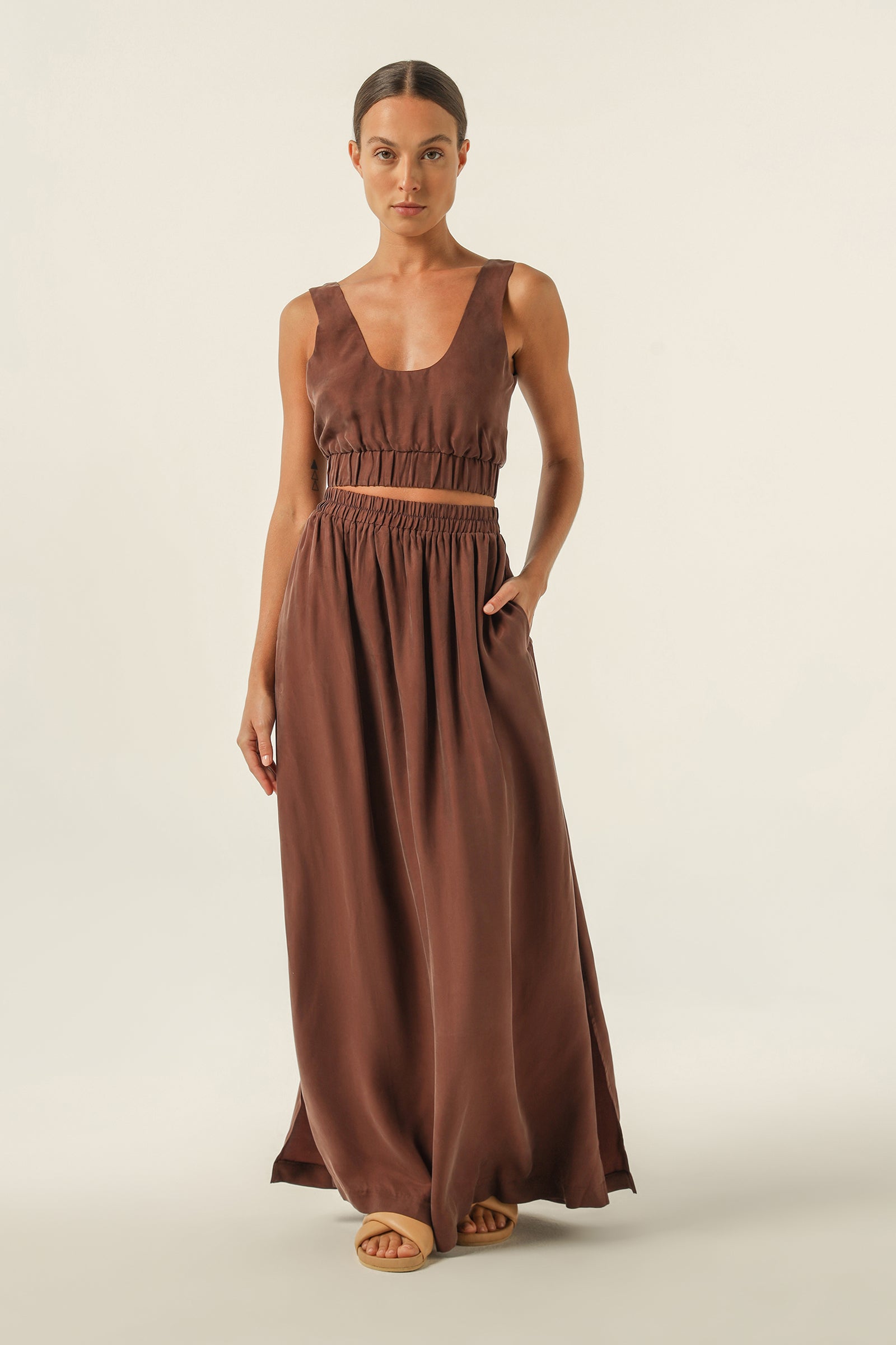 Nude Lucy Gia Cupro Maxi Skirt In A Brown Clove Colour 