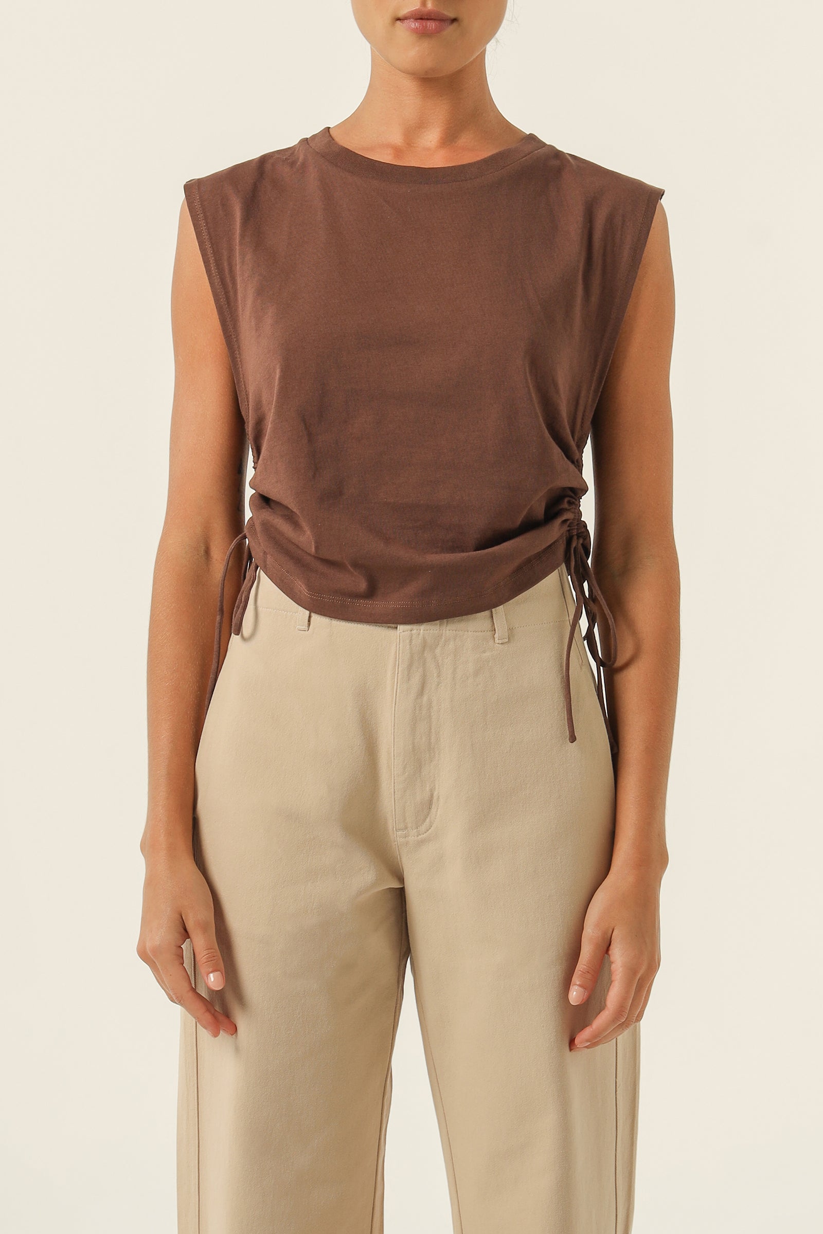 Nude Lucy Rowan Organic Drawstring Tank In A Brown Cedar Colour 
