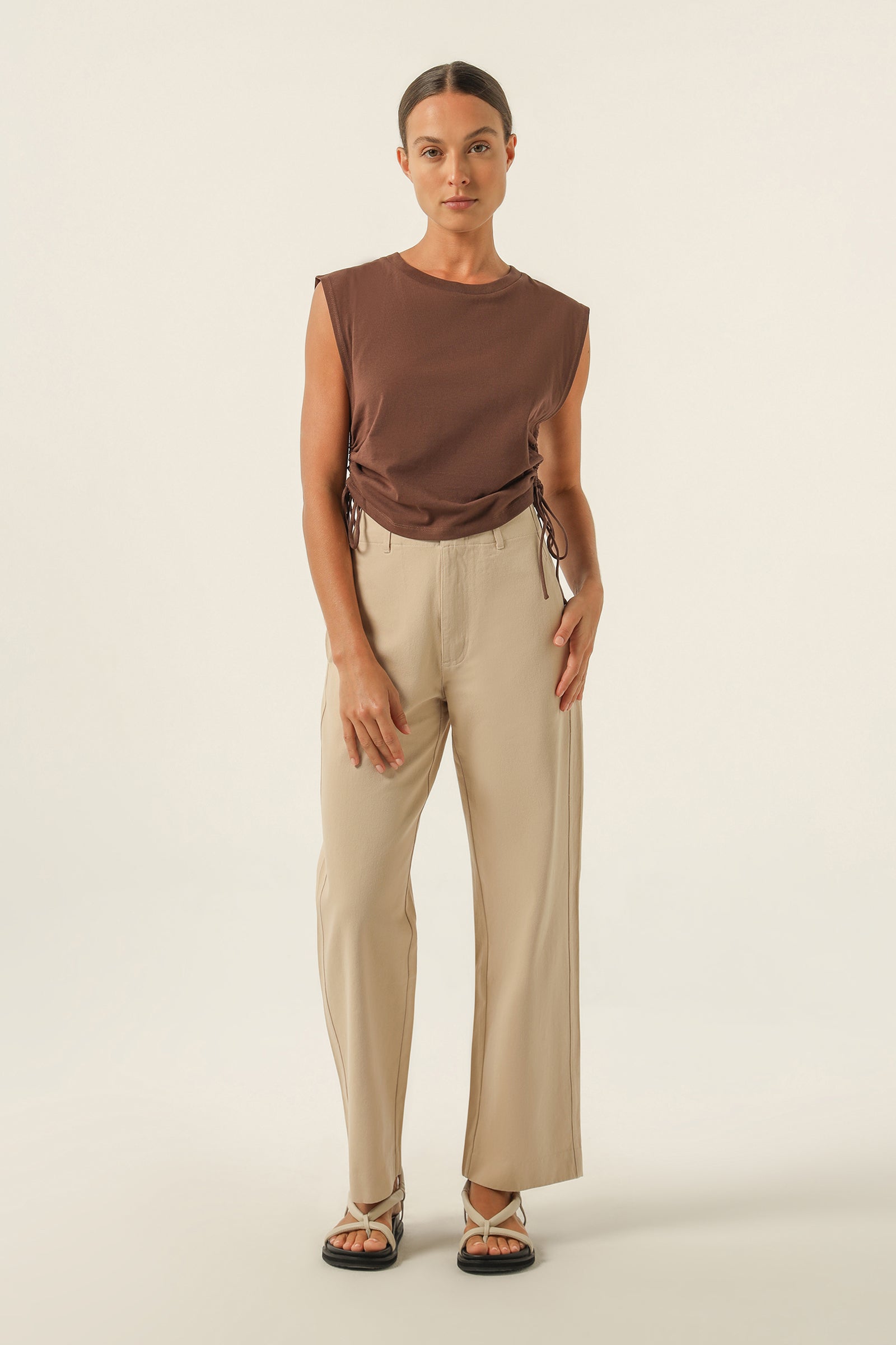 Nude Lucy Rowan Organic Drawstring Tank In A Brown Cedar Colour 