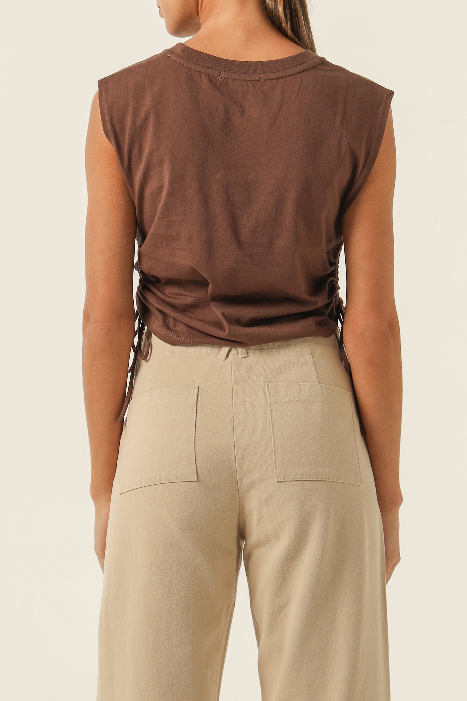 Nude Lucy Rowan Organic Drawstring Tank In A Brown Cedar Colour 