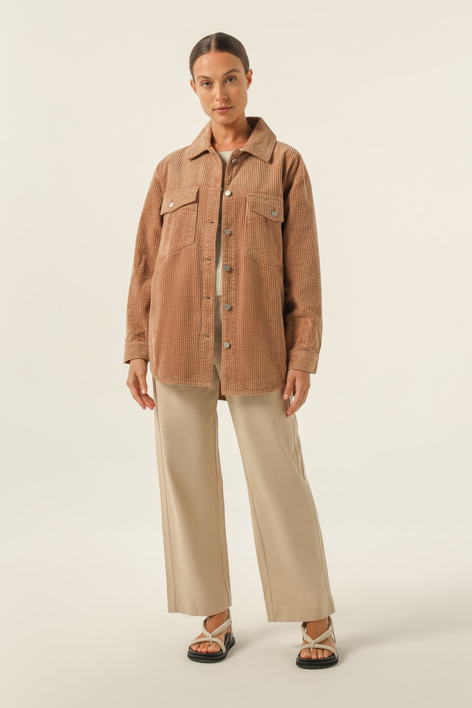 Nude Lucy Paige Corduroy Shacket In A Brown Coffee Colour 