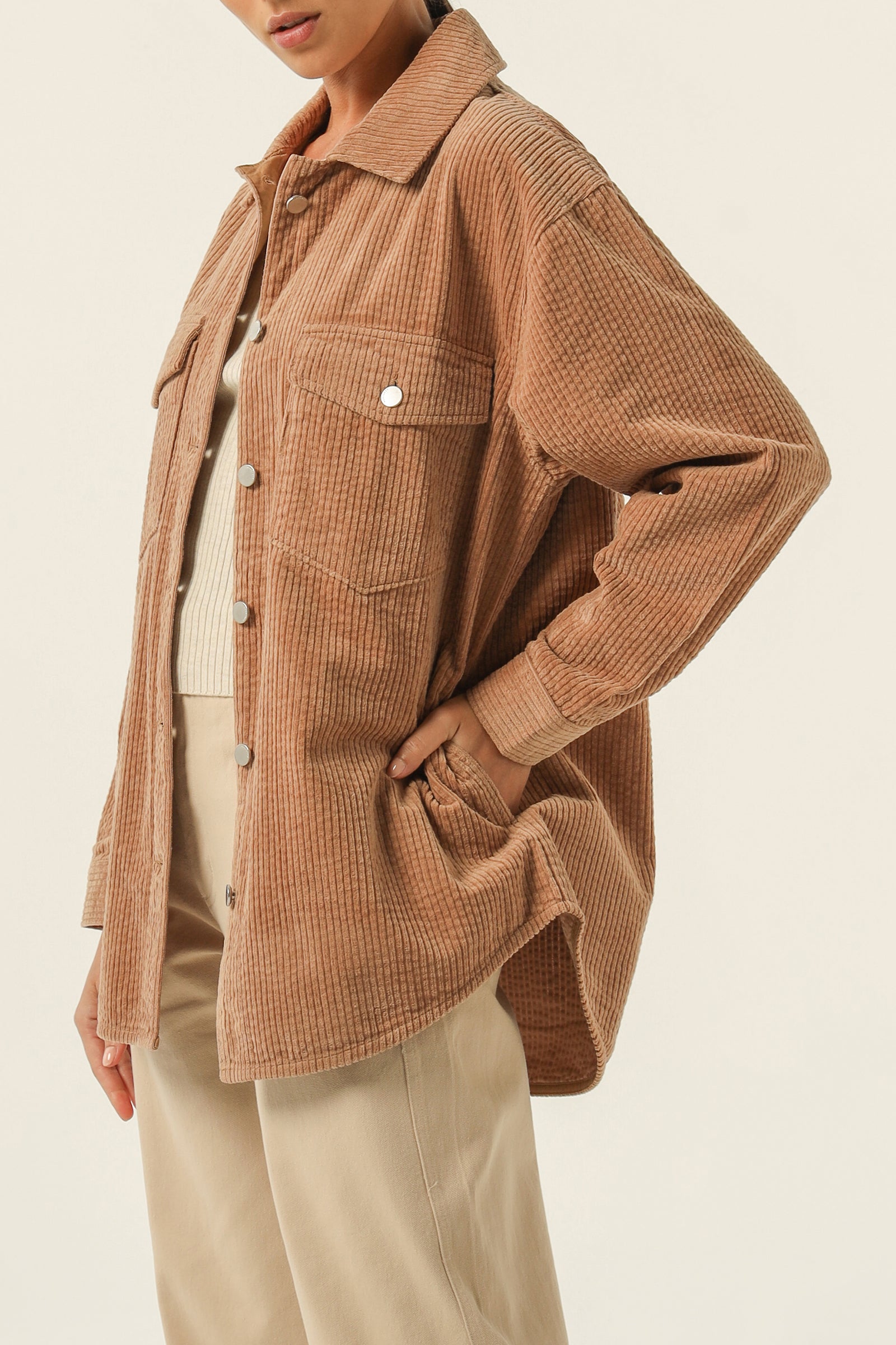 Nude Lucy Paige Corduroy Shacket In A Brown Coffee Colour 