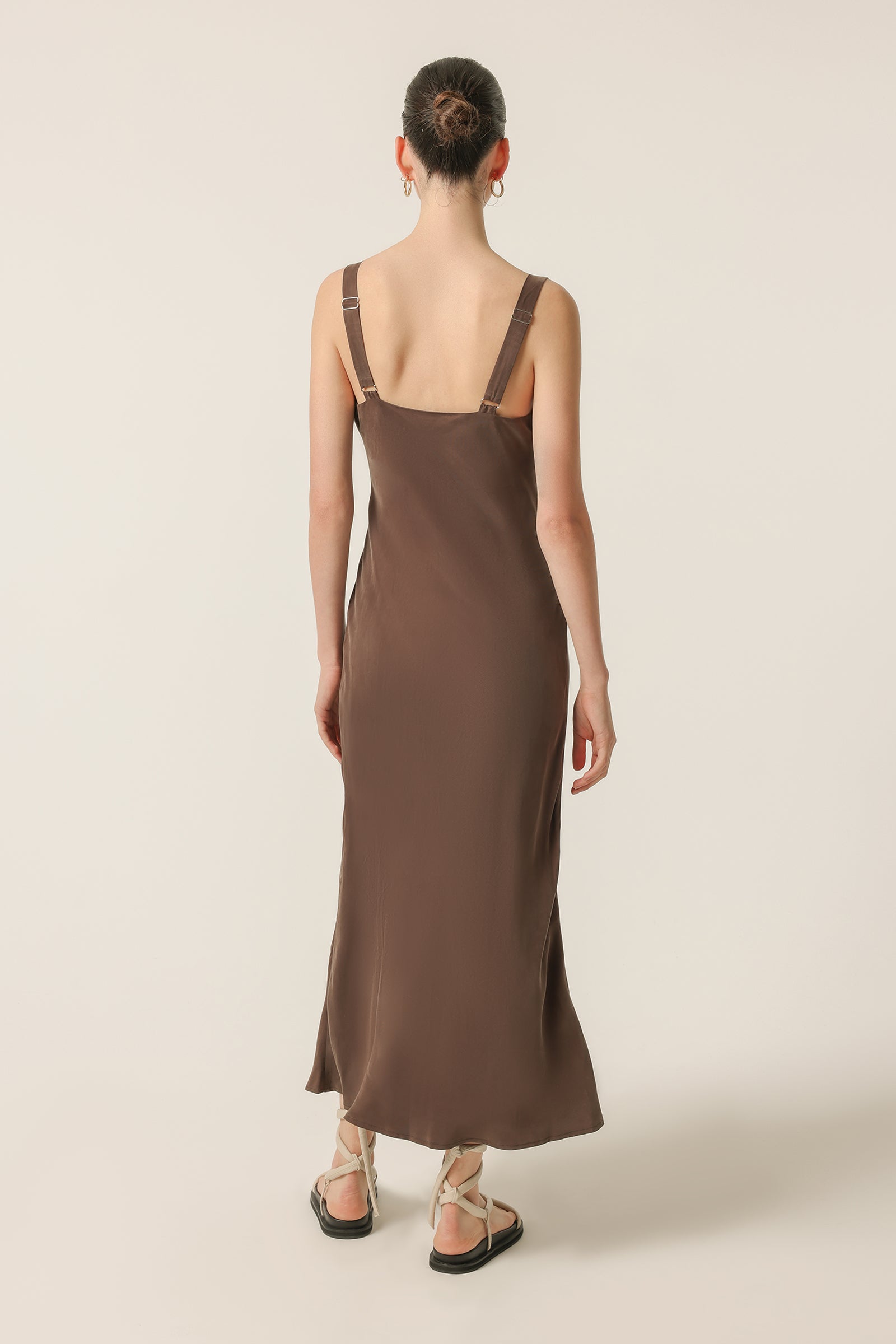 Nude Lucy Harlow Cupro Slip Dress In a Deep Brown Bark Colour 
