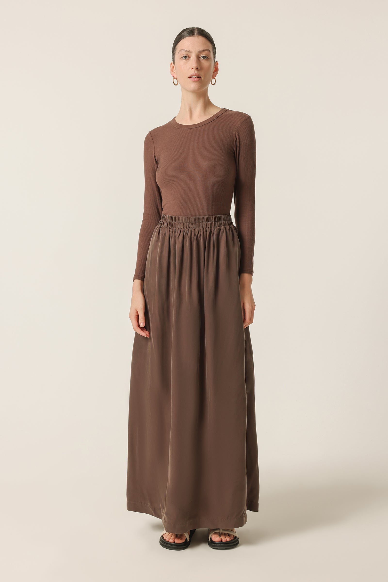 Nude Lucy Gia Cupro Maxi Skirt In A Deep Brown Bark Colour 