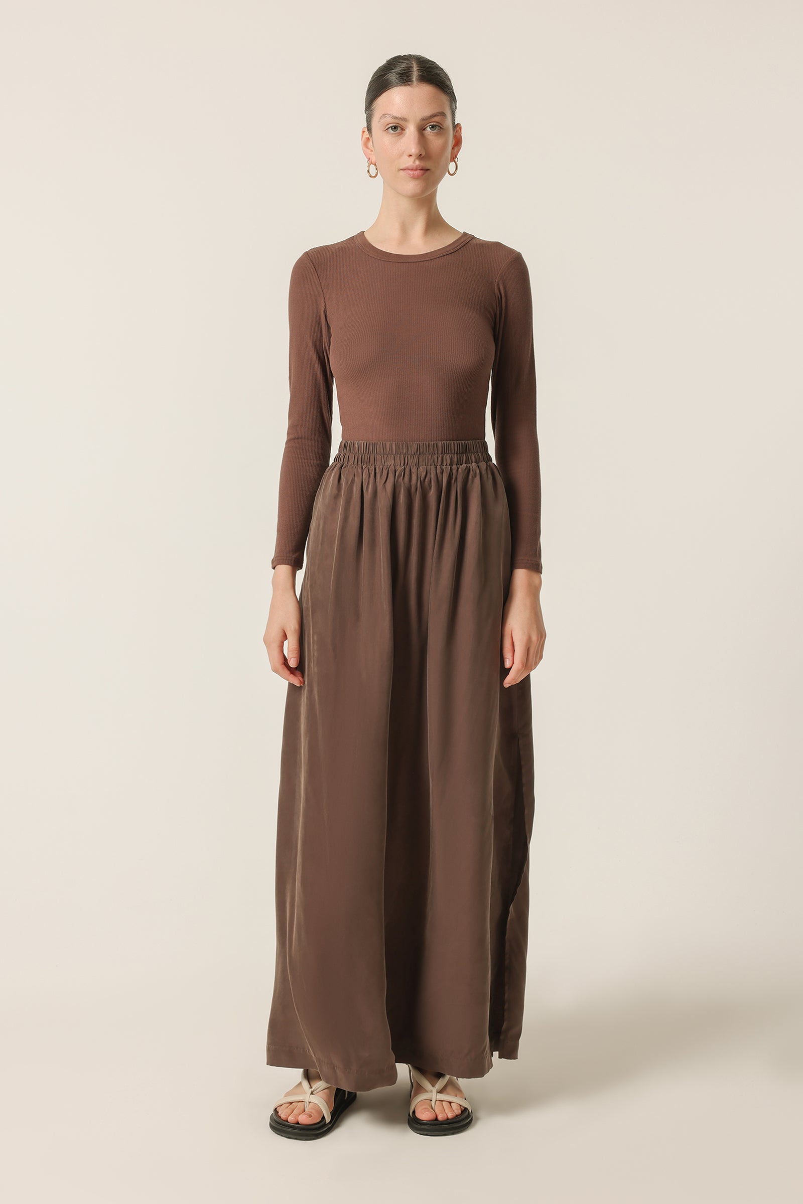 Nude Lucy Gia Cupro Maxi Skirt In A Deep Brown Bark Colour 