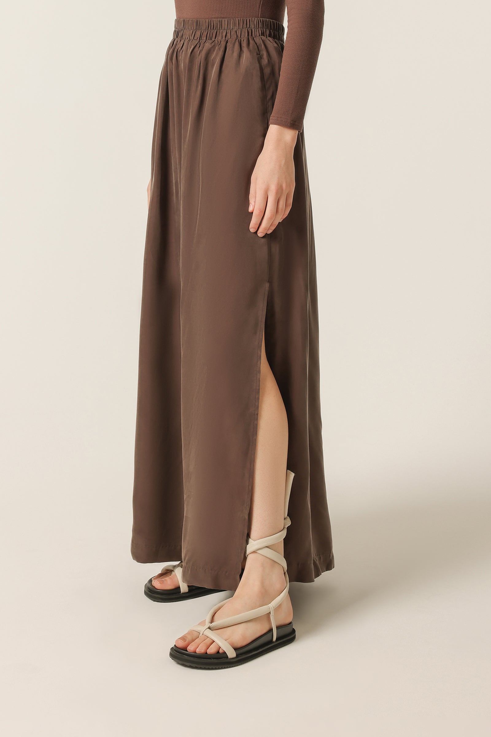 Nude Lucy Gia Cupro Maxi Skirt In A Deep Brown Bark Colour 