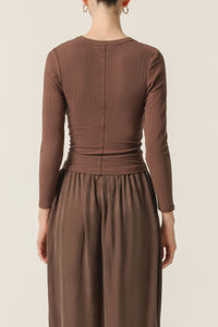 Nude Lucy Monroe Organic Long Sleeve Tee In a Deep Brown Bark Colour 