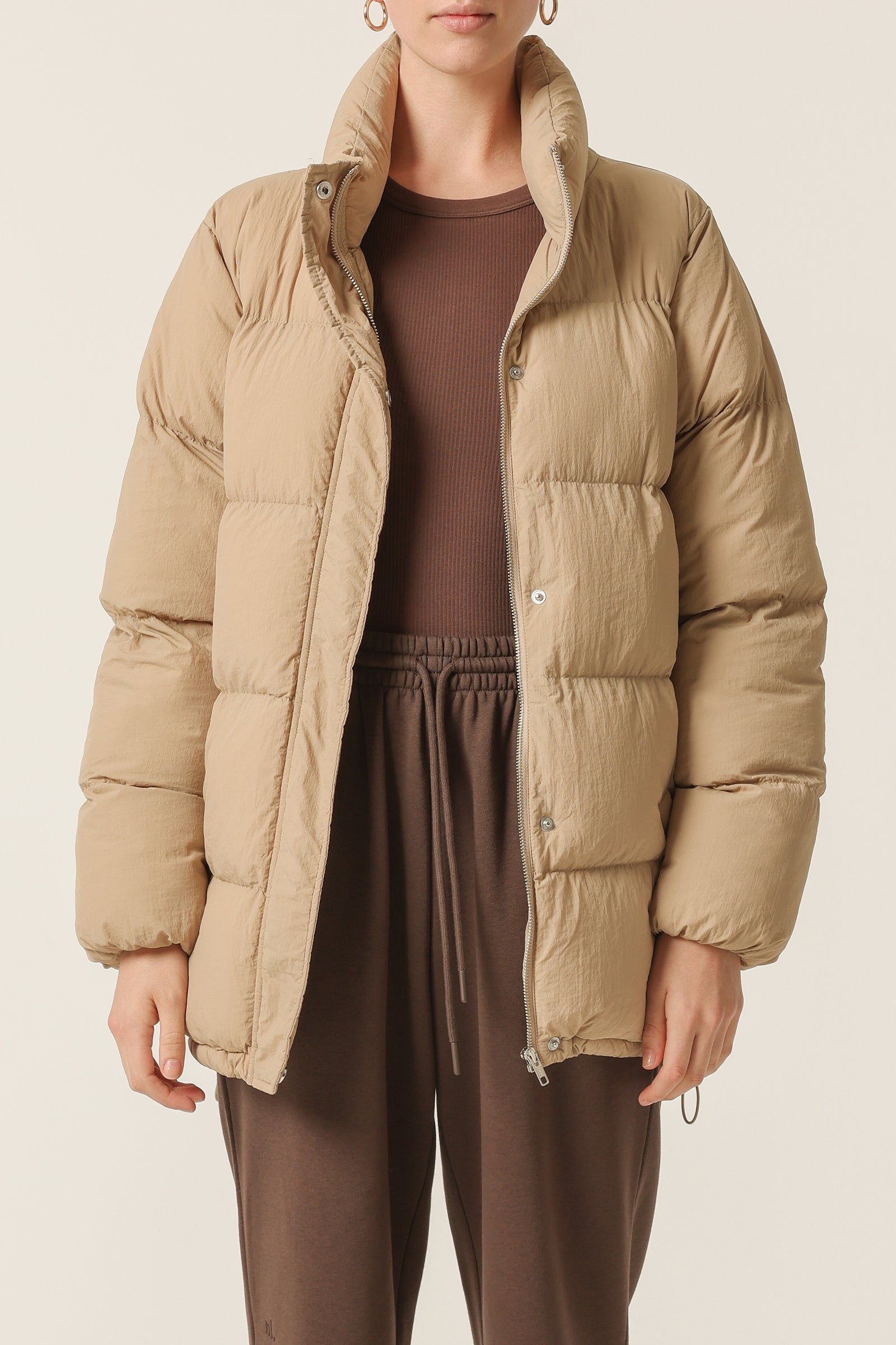 Nude Lucy Topher Longline Puffer In A Beige Sepia Colour 