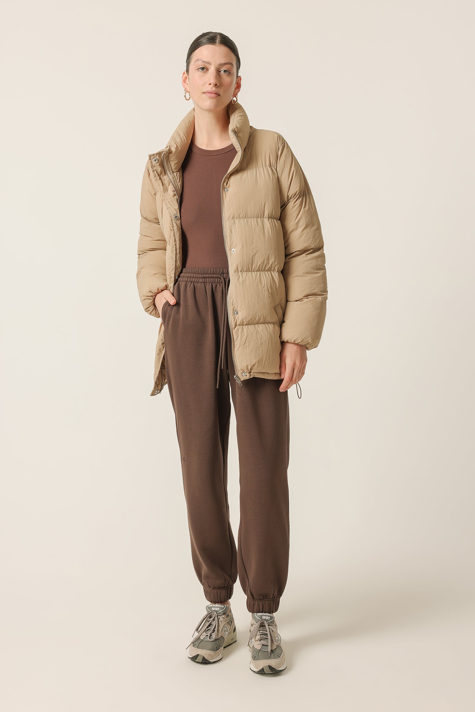 Nude Lucy Topher Longline Puffer In A Beige Sepia Colour 